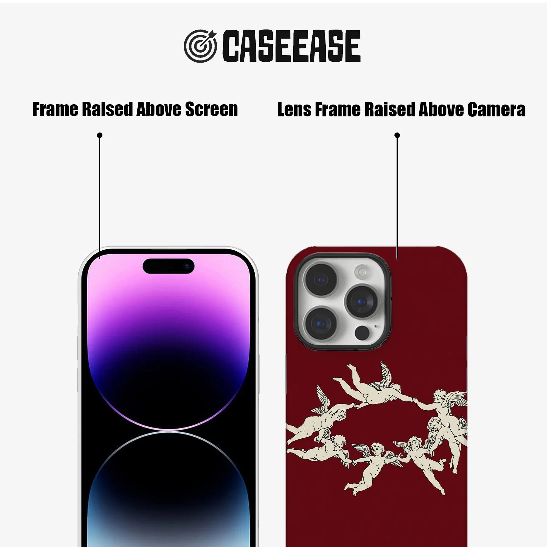 Red cherub phone case shown front and back with raised screen and camera frames