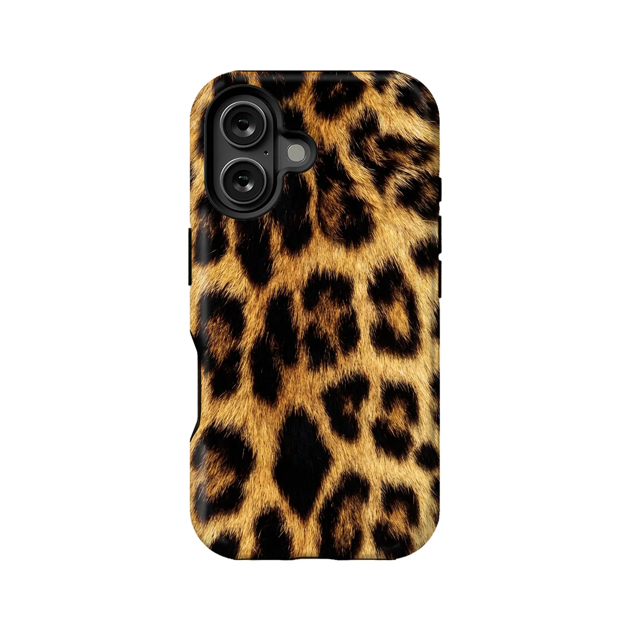 Brown and black leopard print phone case shown from back for ecommerce listing