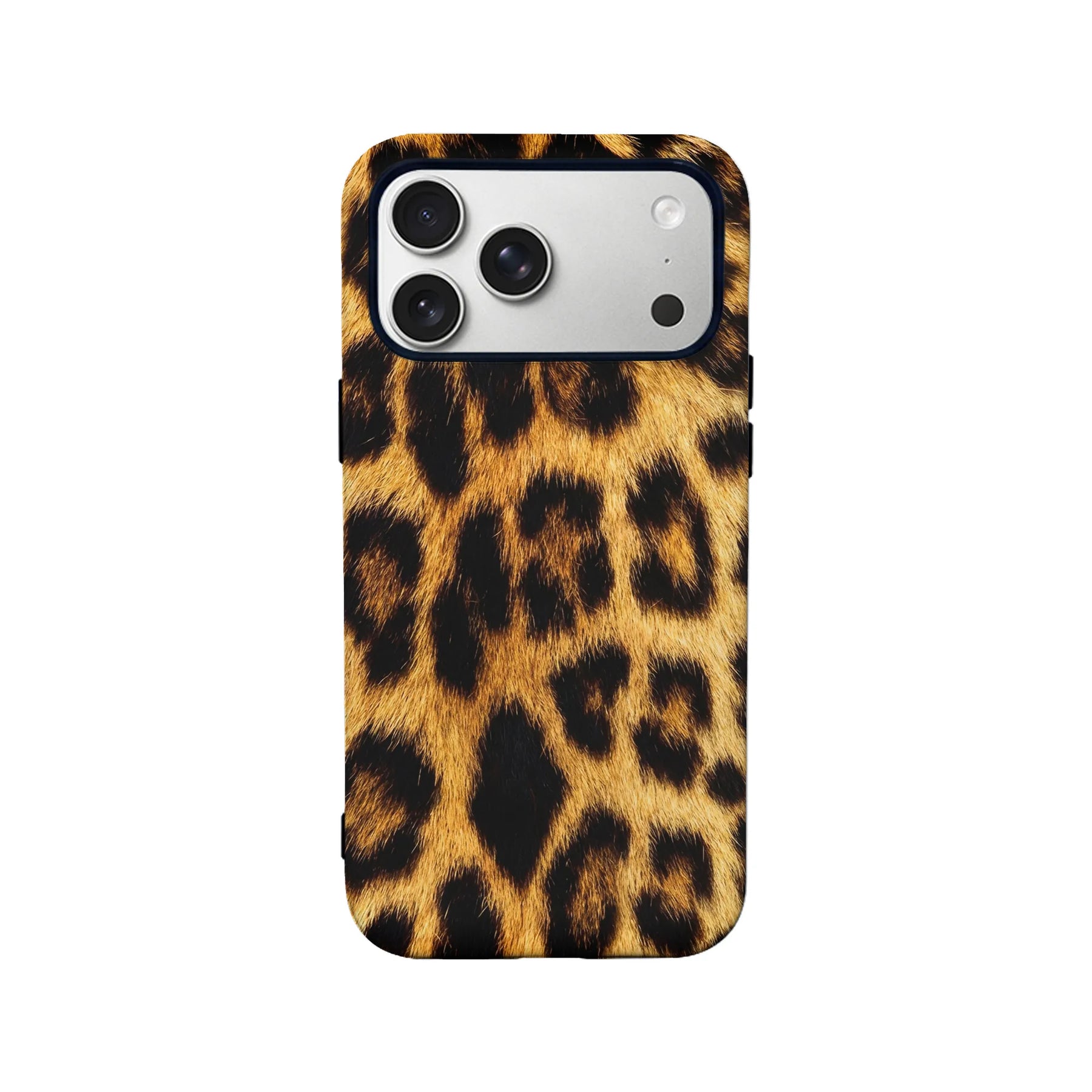 Leopard print phone case in brown and black, rear view with camera cutout