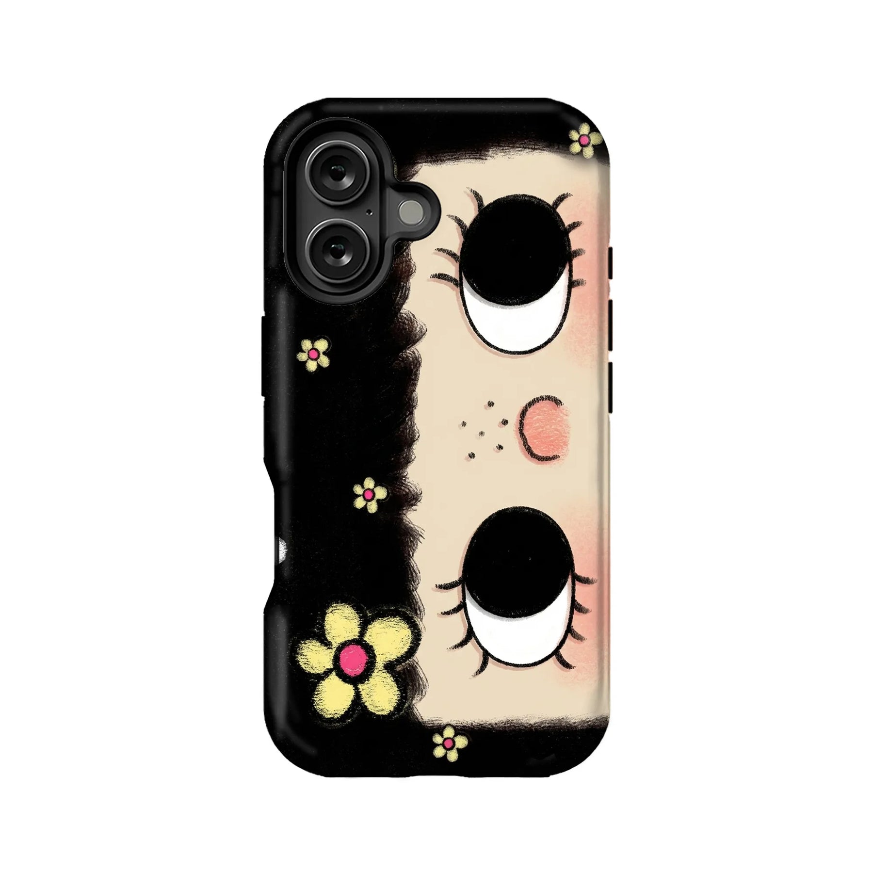 Black phone case with beige face illustration, yellow flowers, rear product view
