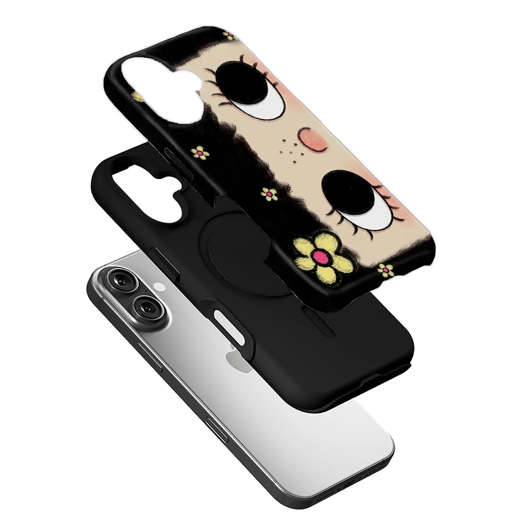 Exploded angled black phone case over silver smartphone, beige cartoon face and yellow flowers
