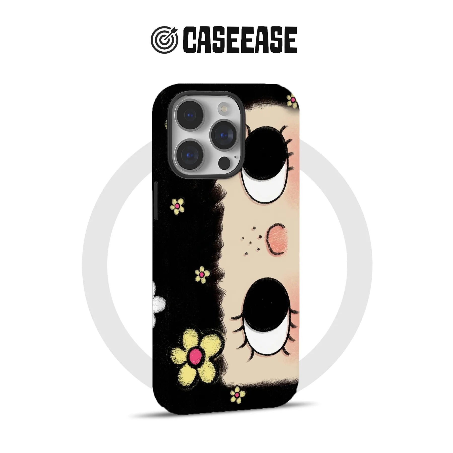 Black and beige illustrated phone case with eyes and flowers, rear product angle