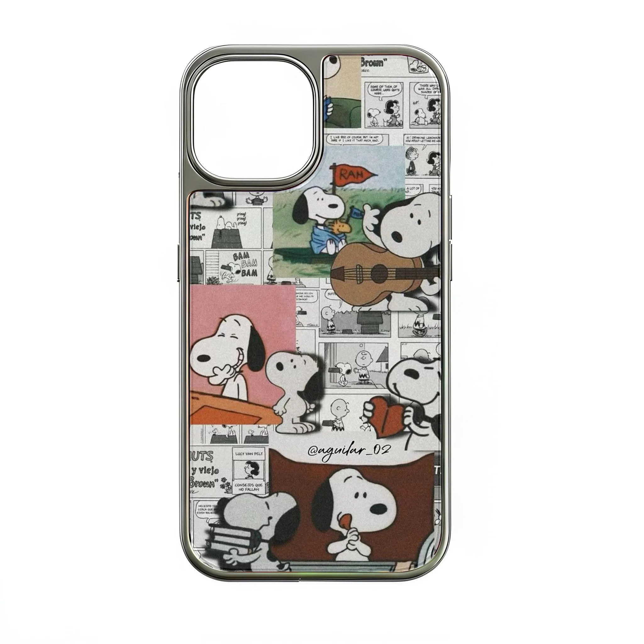 Silver phone case with Snoopy comic collage design, rear product view