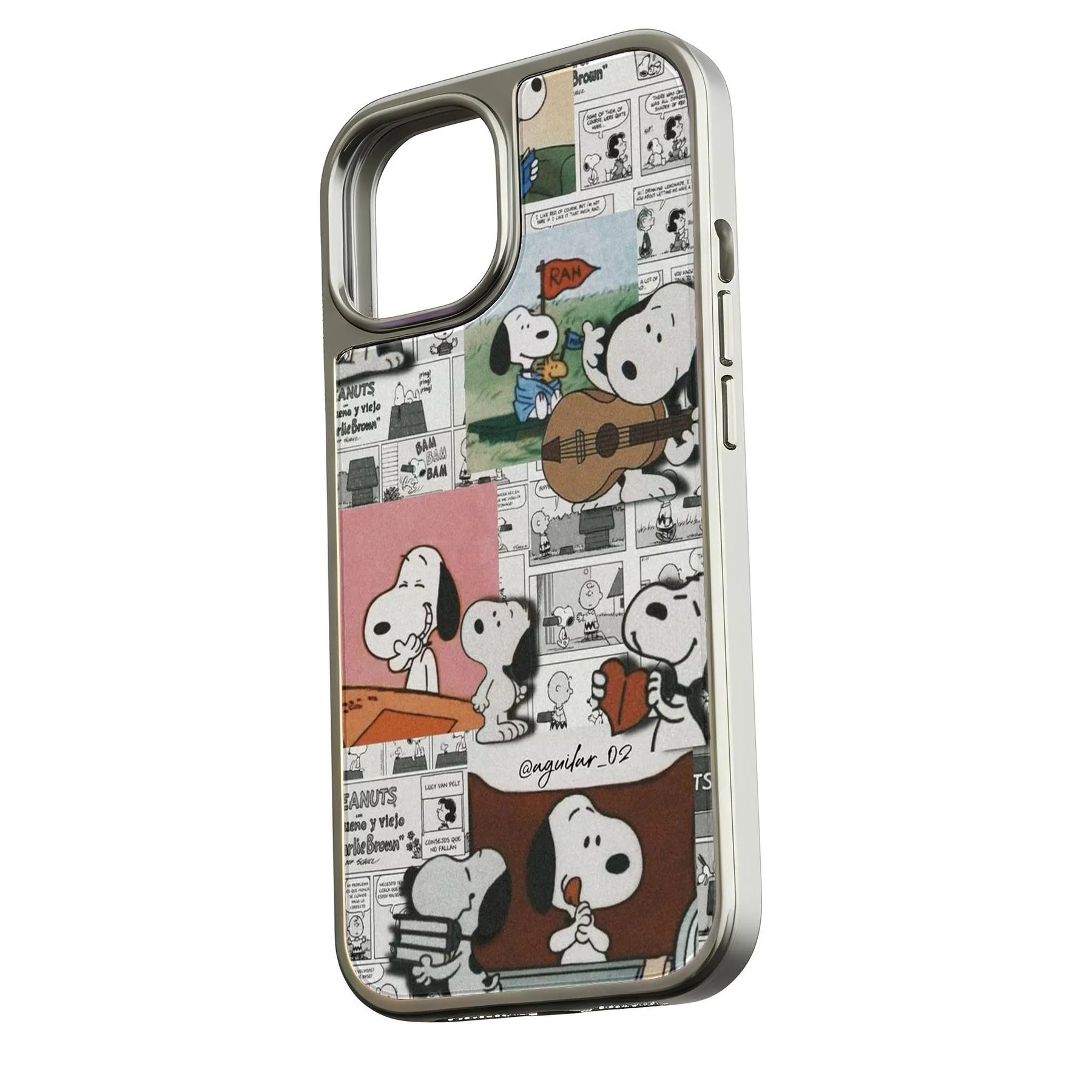 Silver smartphone case with Snoopy comic collage, angled rear product display