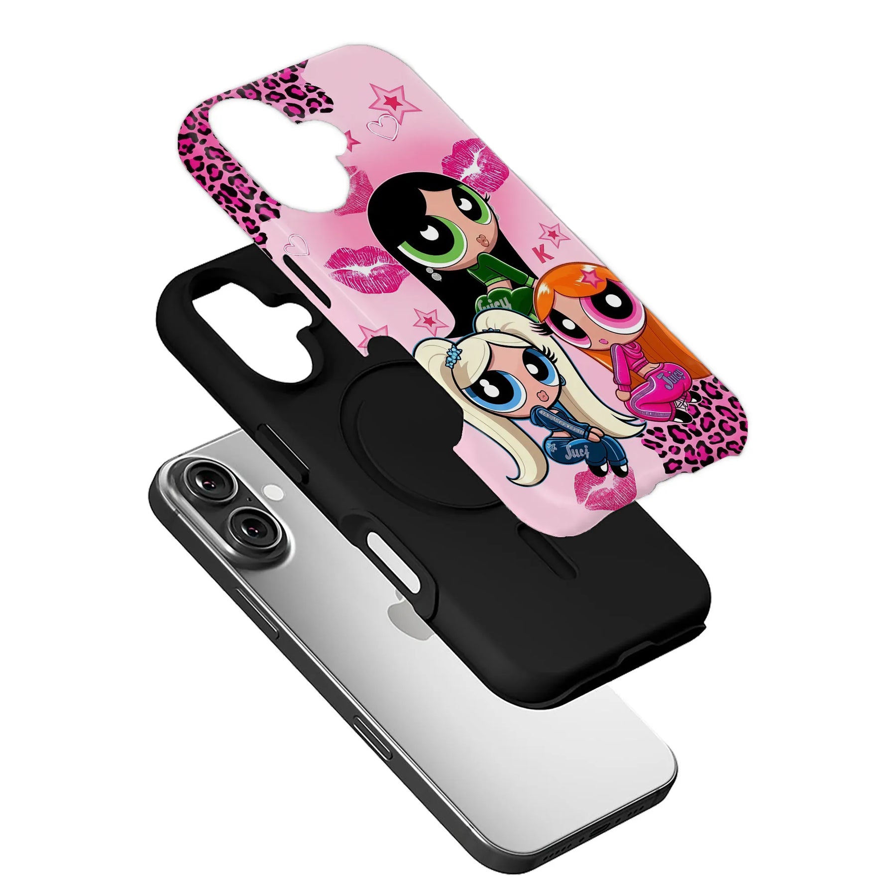 Pink cartoon leopard print phone case shown angled above black protective base