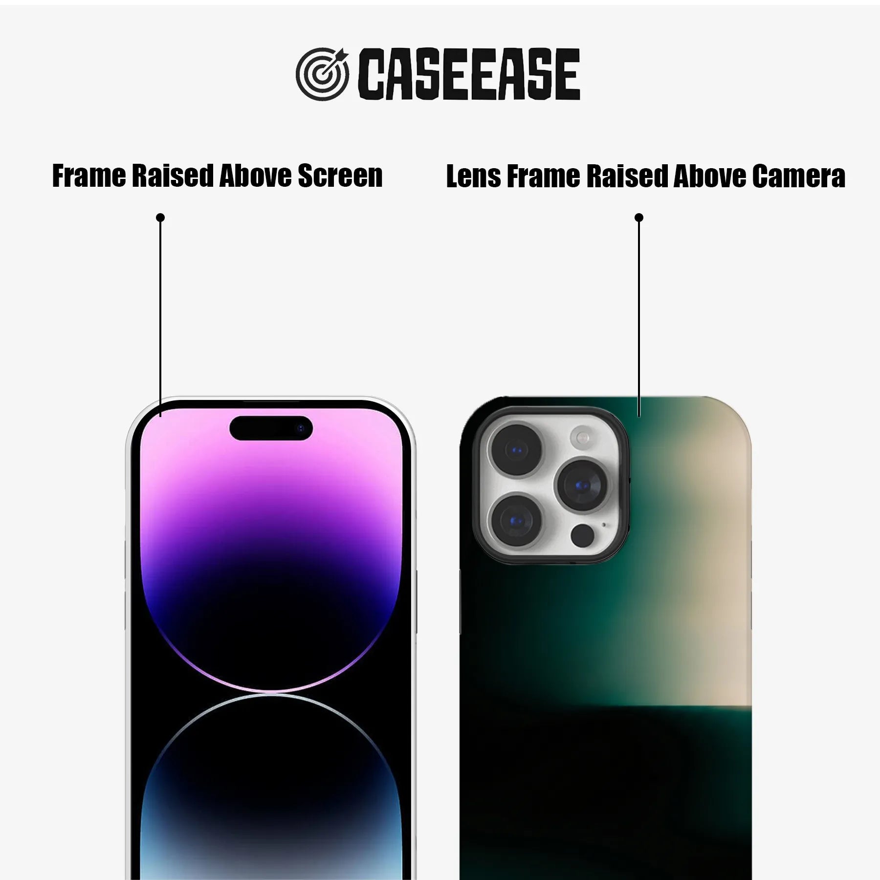 Black CASEEASE phone case front and rear close-up showing raised screen and camera frames