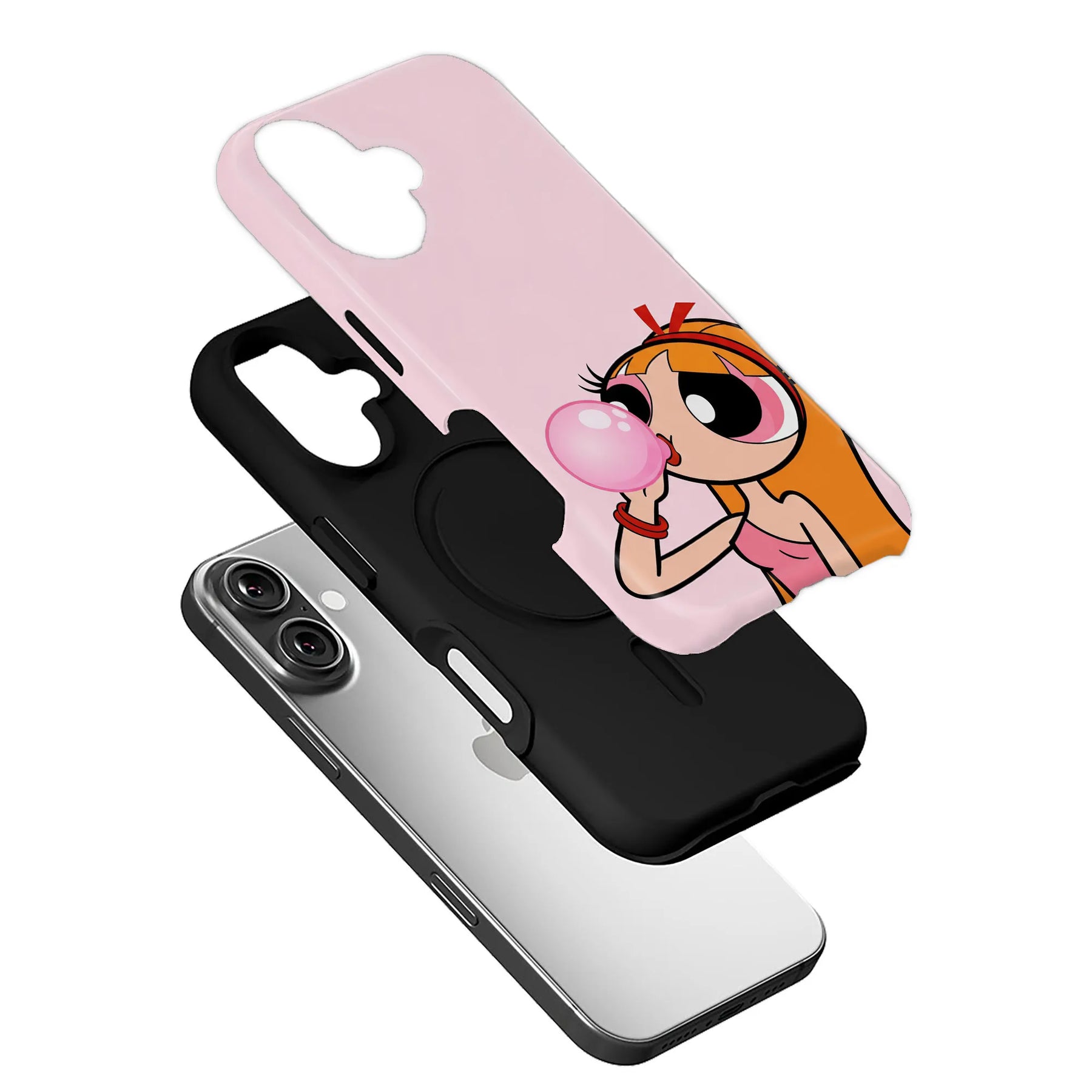 Pink cartoon smartphone case with black inner shell, angled exploded product view