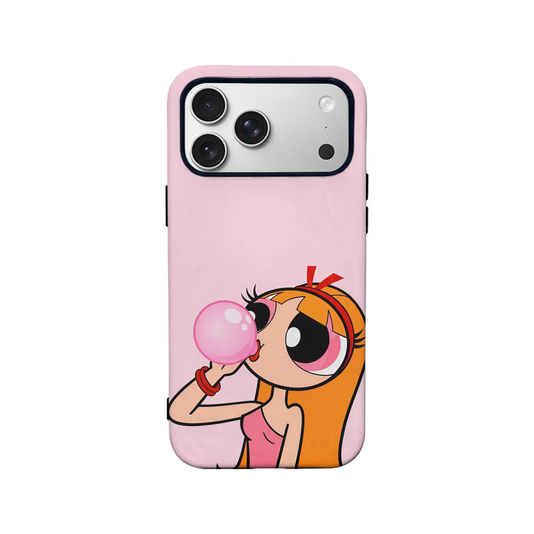 Pink cartoon bubblegum girl phone case, rear view with camera cutout
