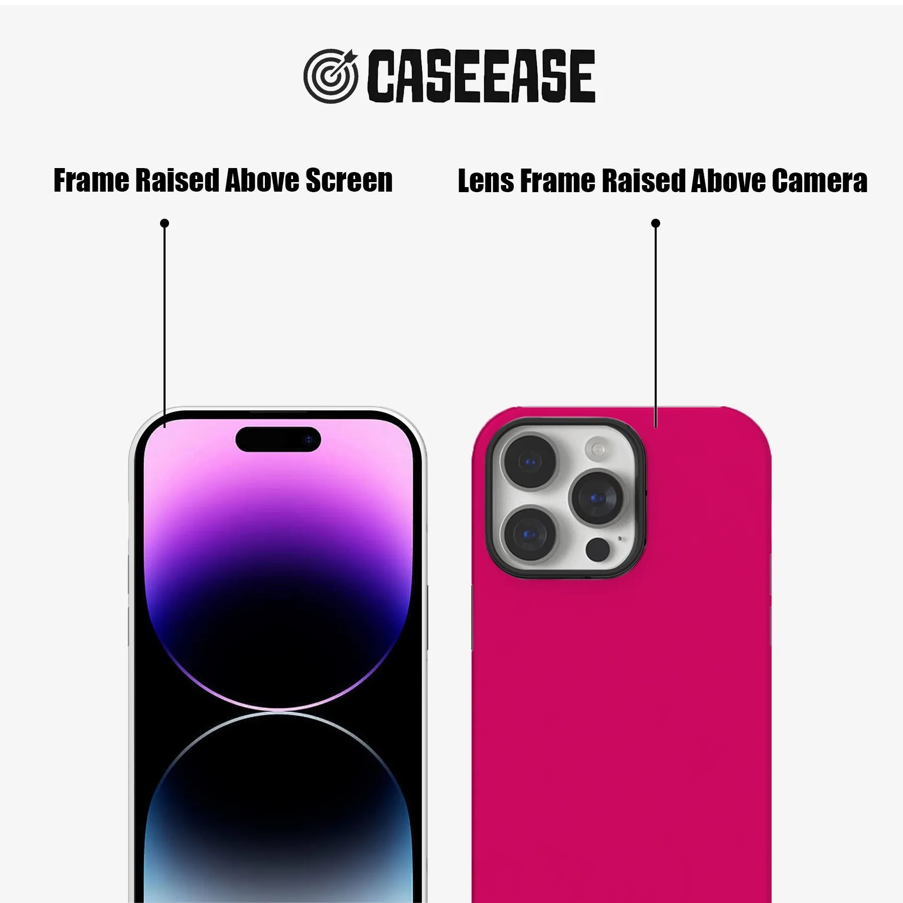 Hot pink slim phone case, front and back angles, raised screen and camera frames