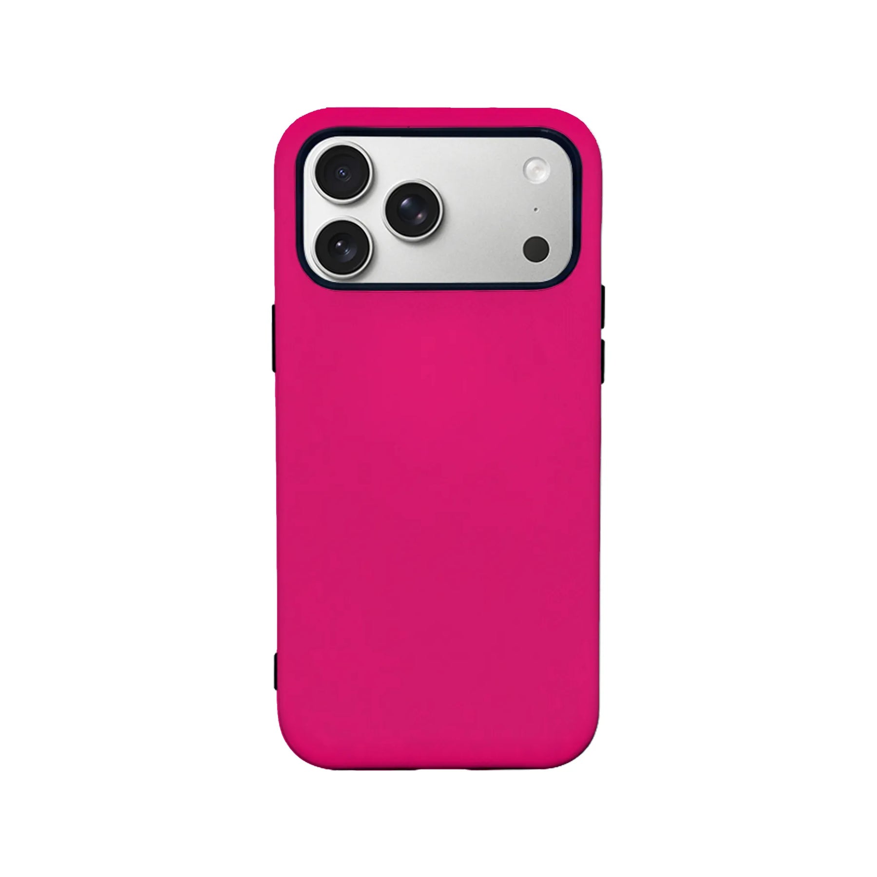 Hot pink phone case with black buttons shown from rear product angle