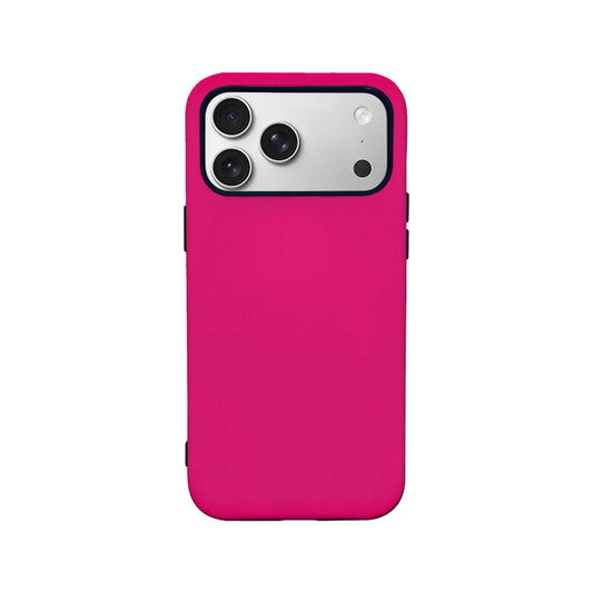 Hot pink phone case with black buttons shown from rear product angle