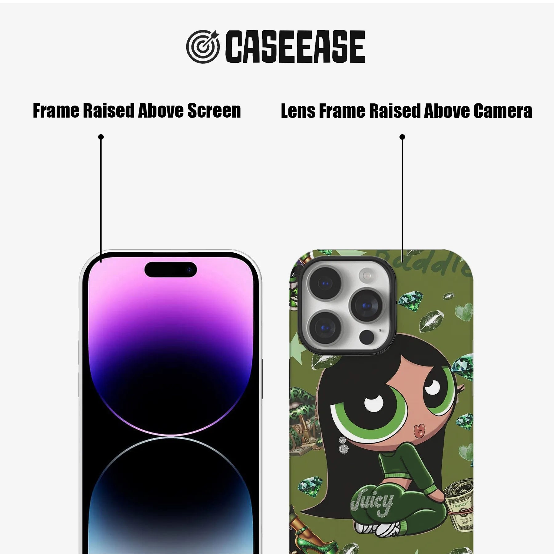 Green cartoon phone case front and rear close-up showing raised camera and screen frames