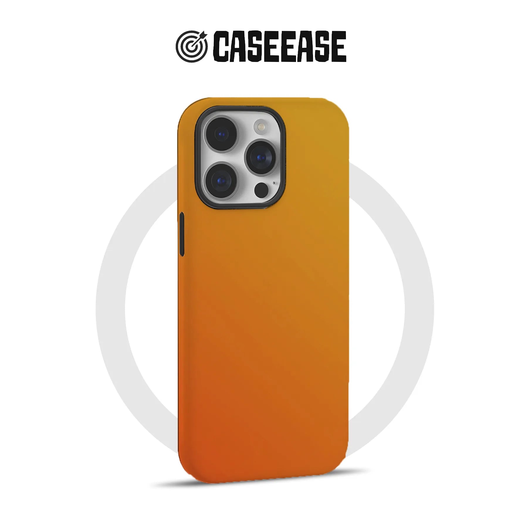 Orange CASEEASE minimalist phone case, rear angle with raised camera cutout