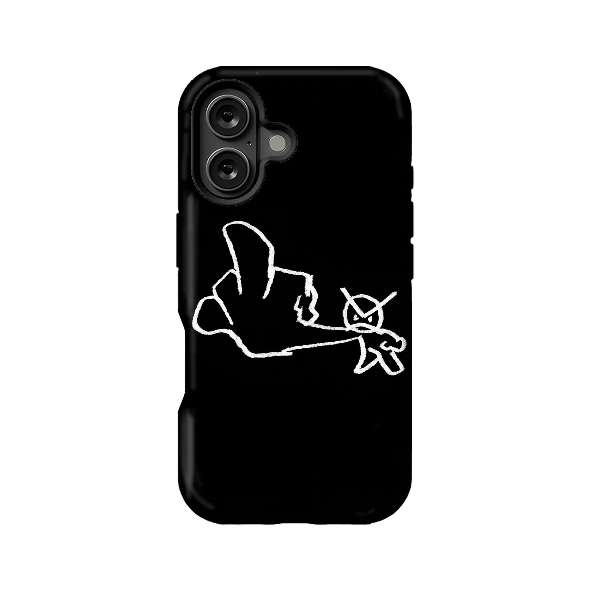Black phone case with white abstract line art, rear view product display