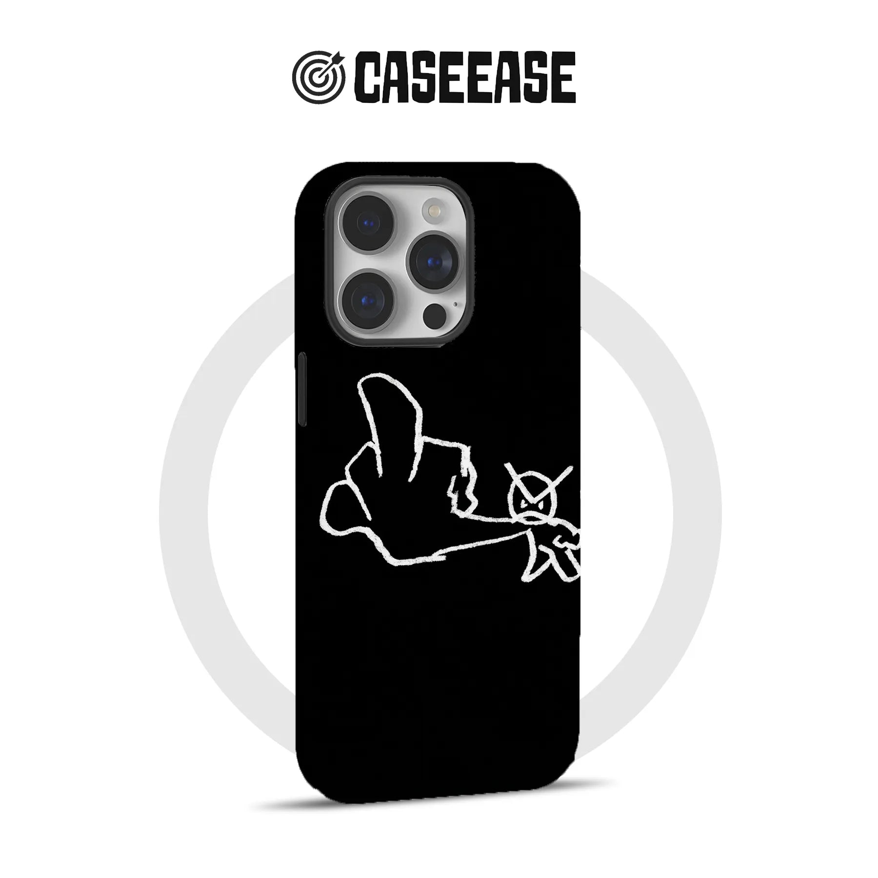 Black CASEEASE phone case with white line art, rear product angle