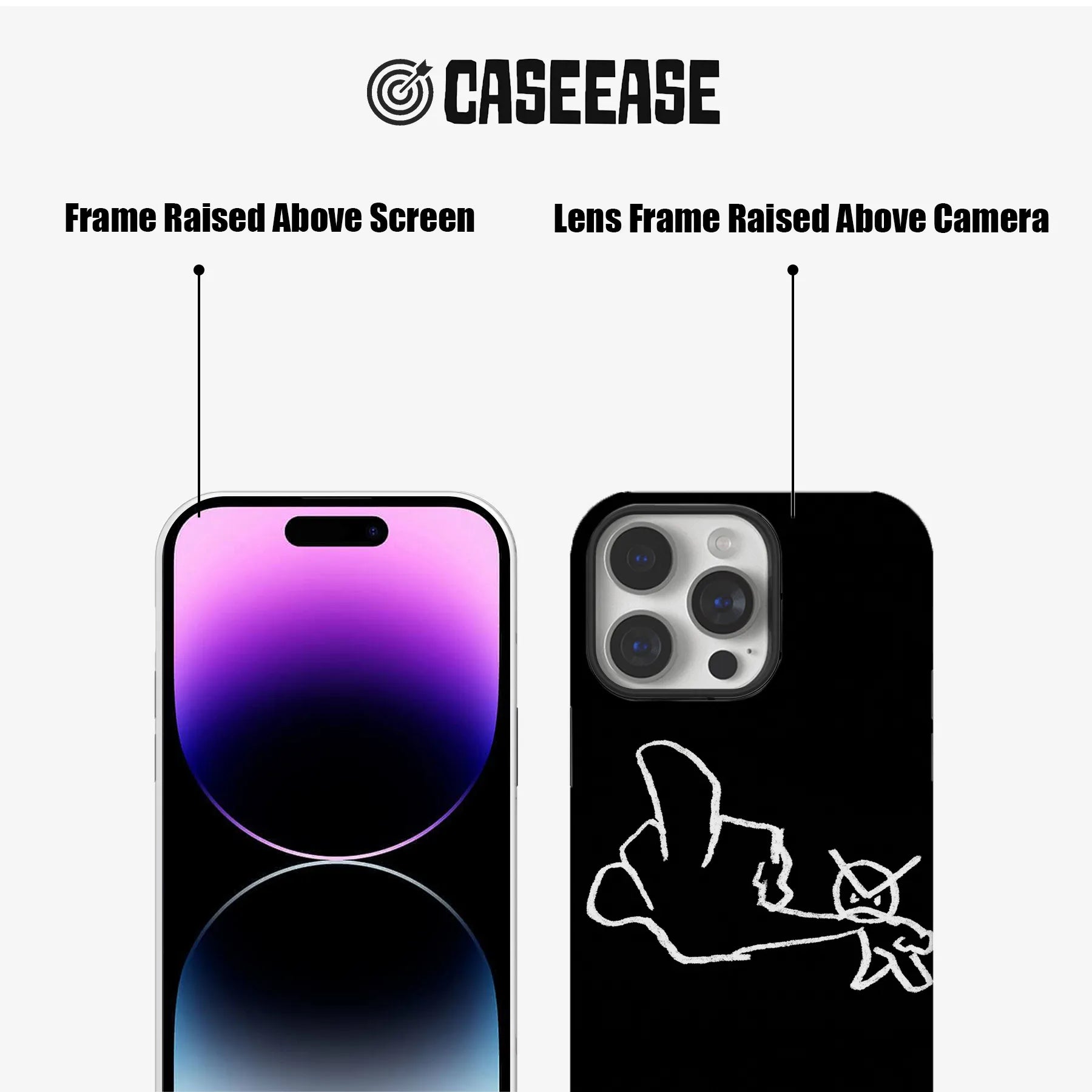 Black CASEEASE phone case front and rear close-up showing raised screen and camera frames