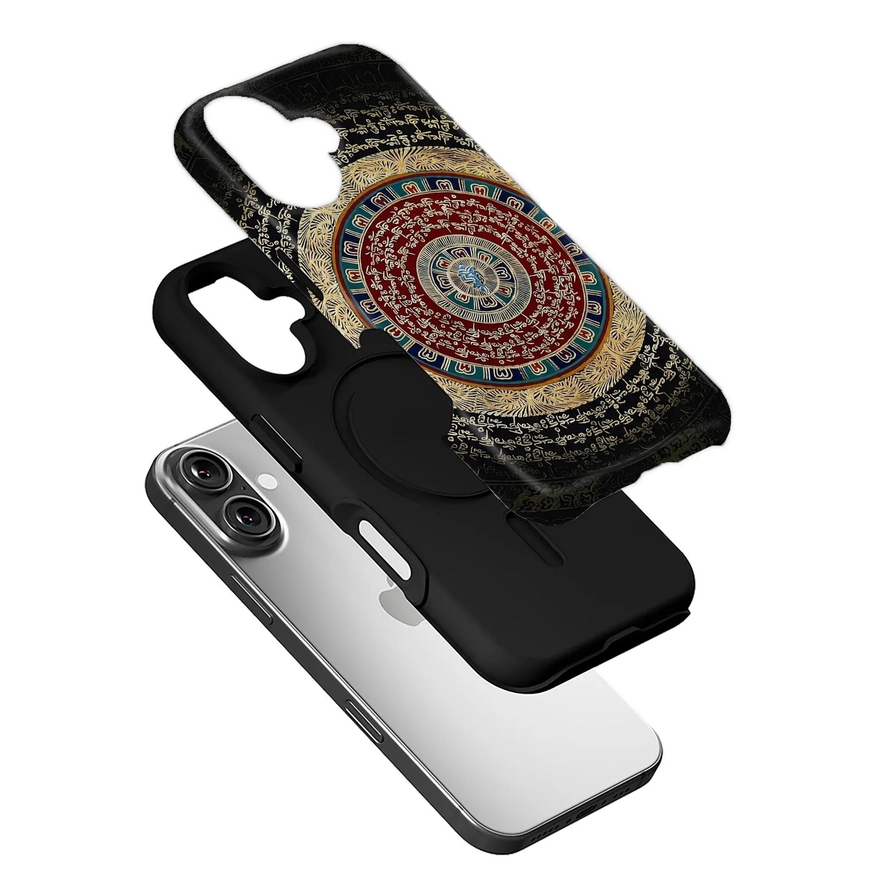 Black phone case with ornate gold and red mandala design, angled above smartphone