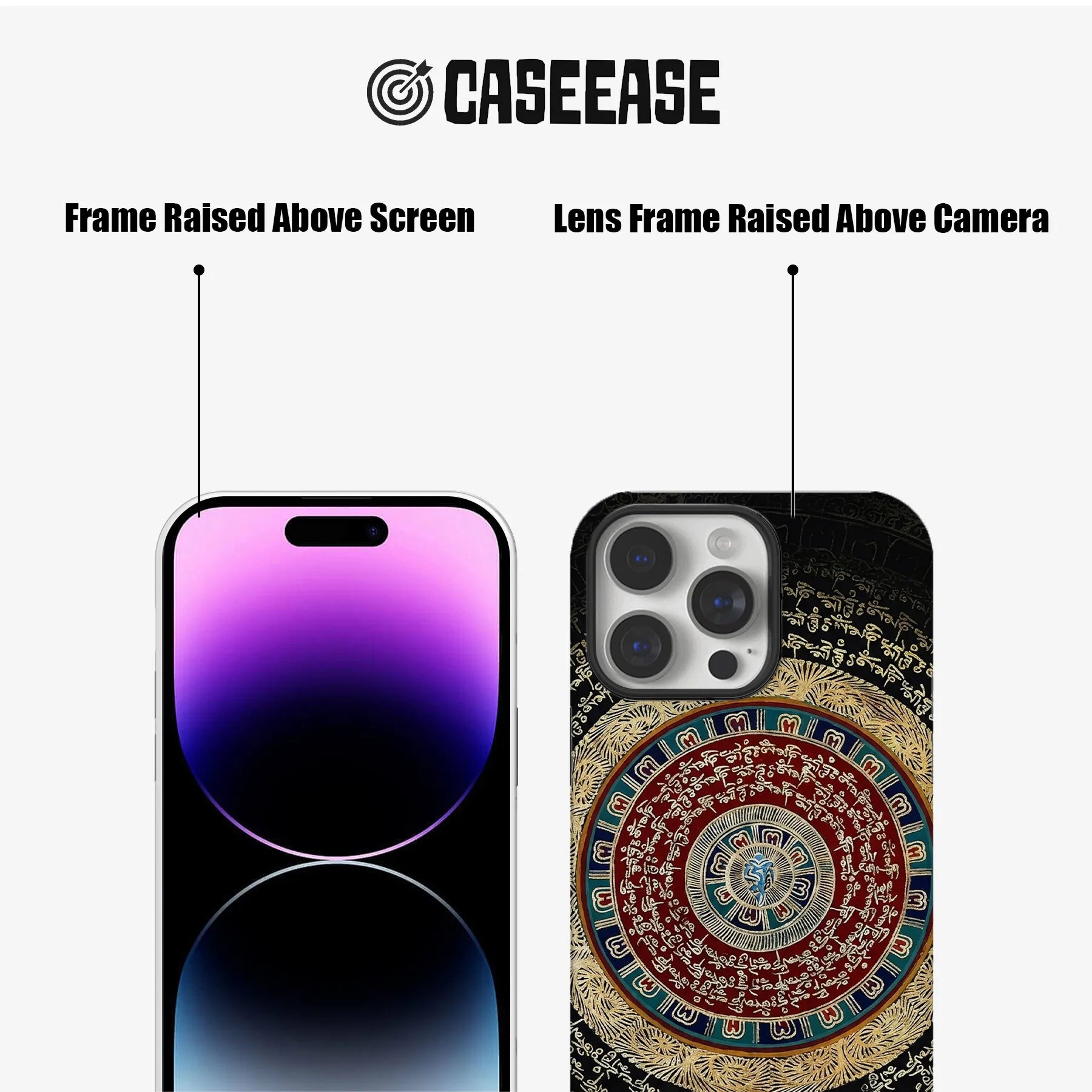 Black patterned phone case with raised camera and screen frames, front and rear view