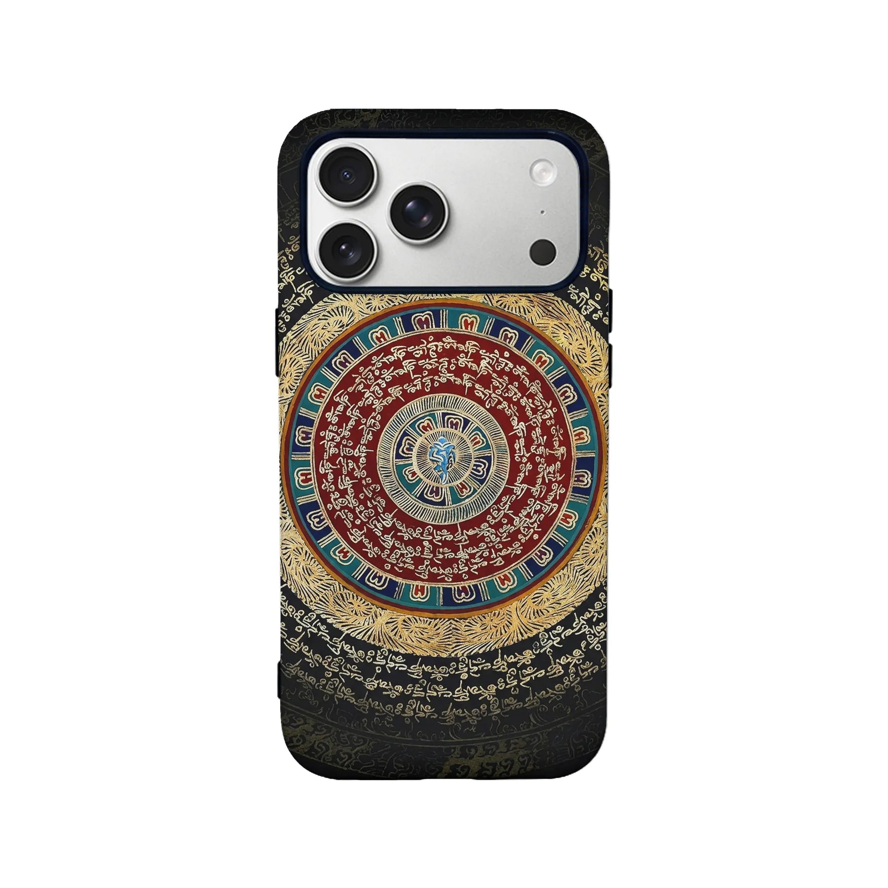 Black phone case with red and gold circular script design, rear product view