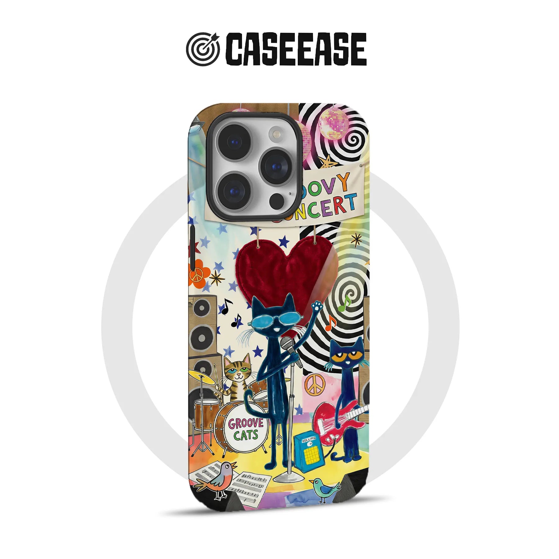 Colorful illustrated cat concert phone case, rear angle with camera cutout