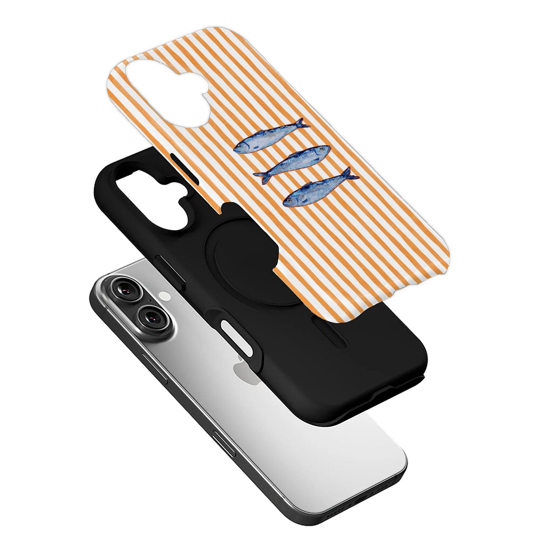Orange striped fish design phone case shown exploded over smartphone back