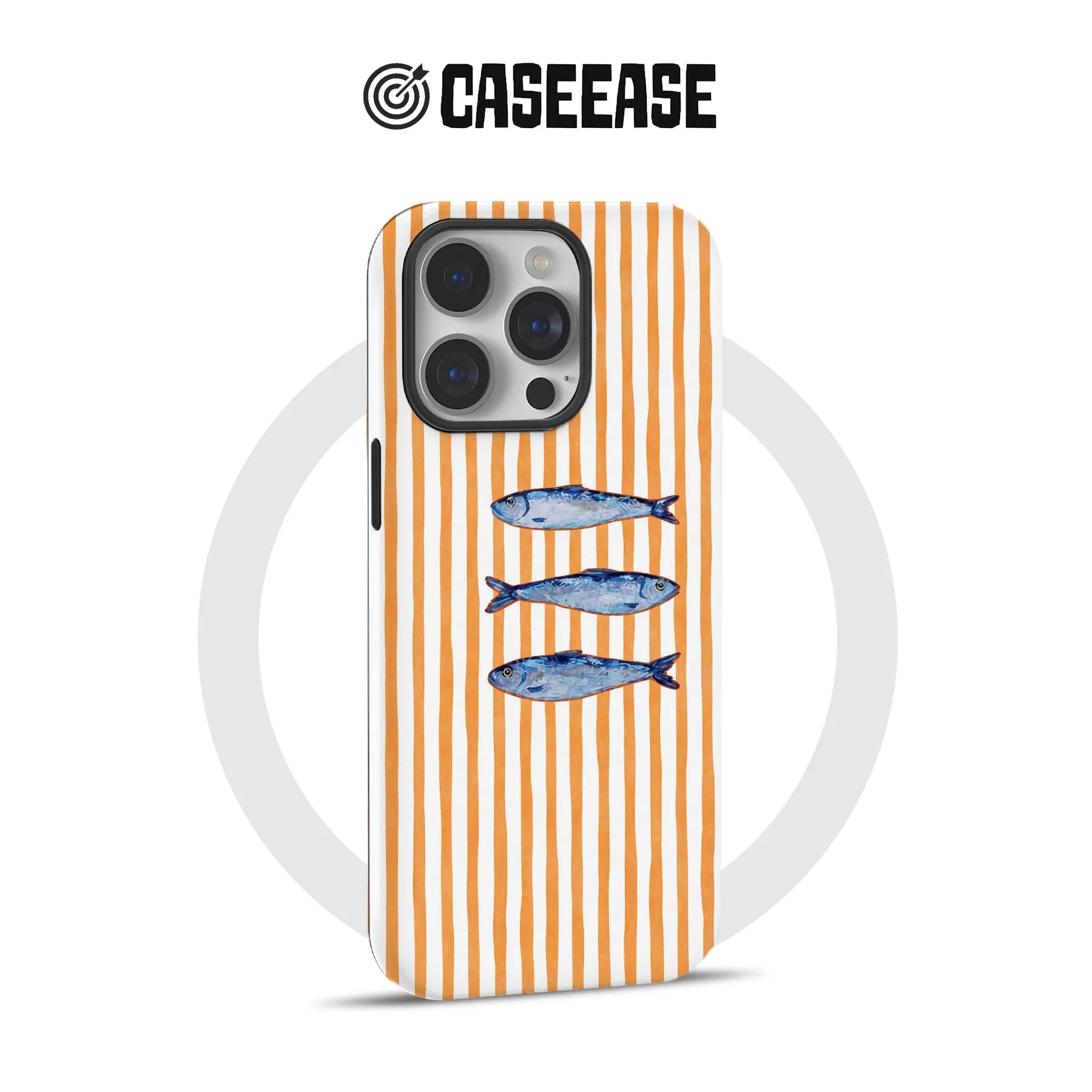Orange and white striped CASEEASE phone case with blue fish design, rear view