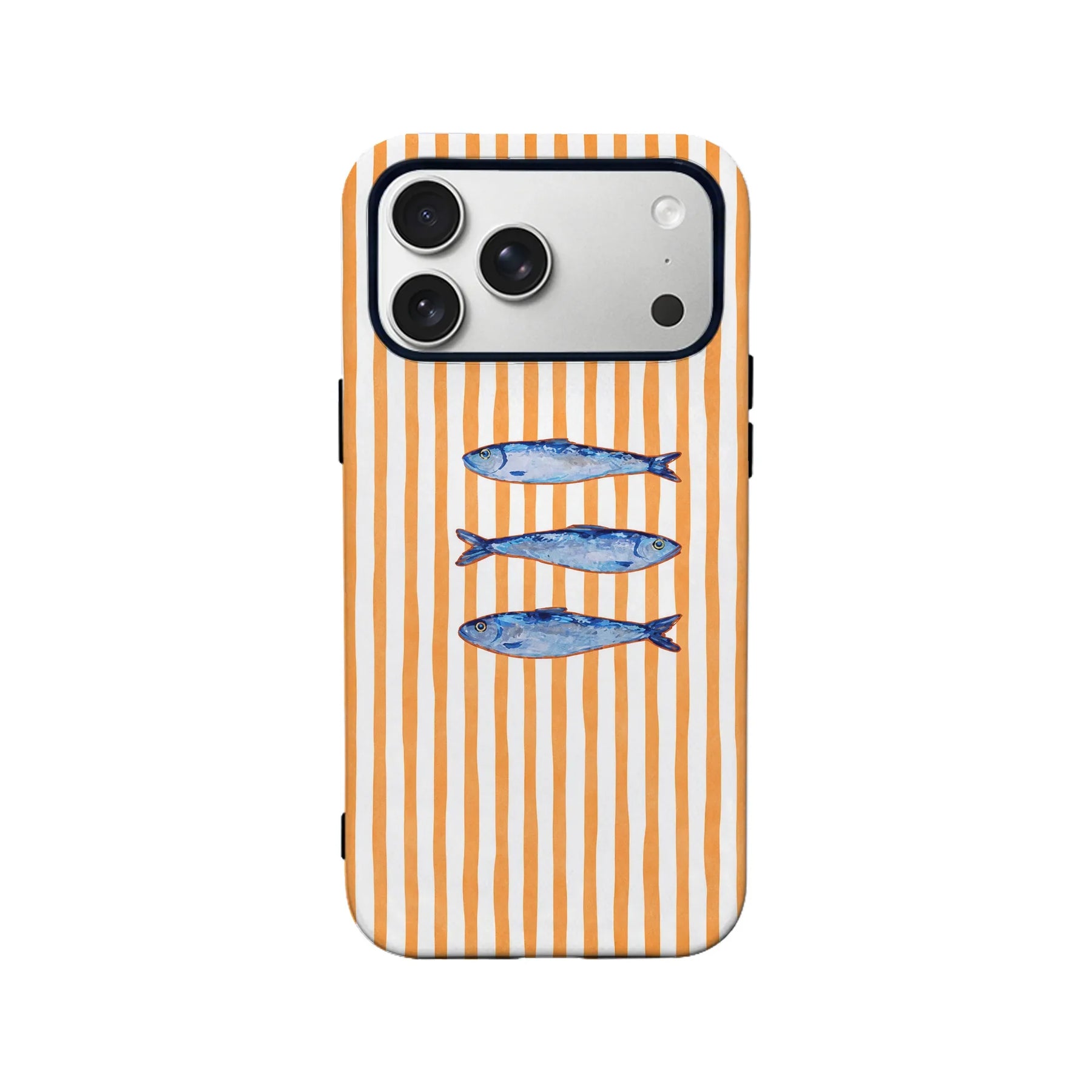 Orange and white striped phone case with blue fish design, shown from rear