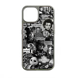 Silver phone case with black-and-white Tim Burton film collage, rear product view