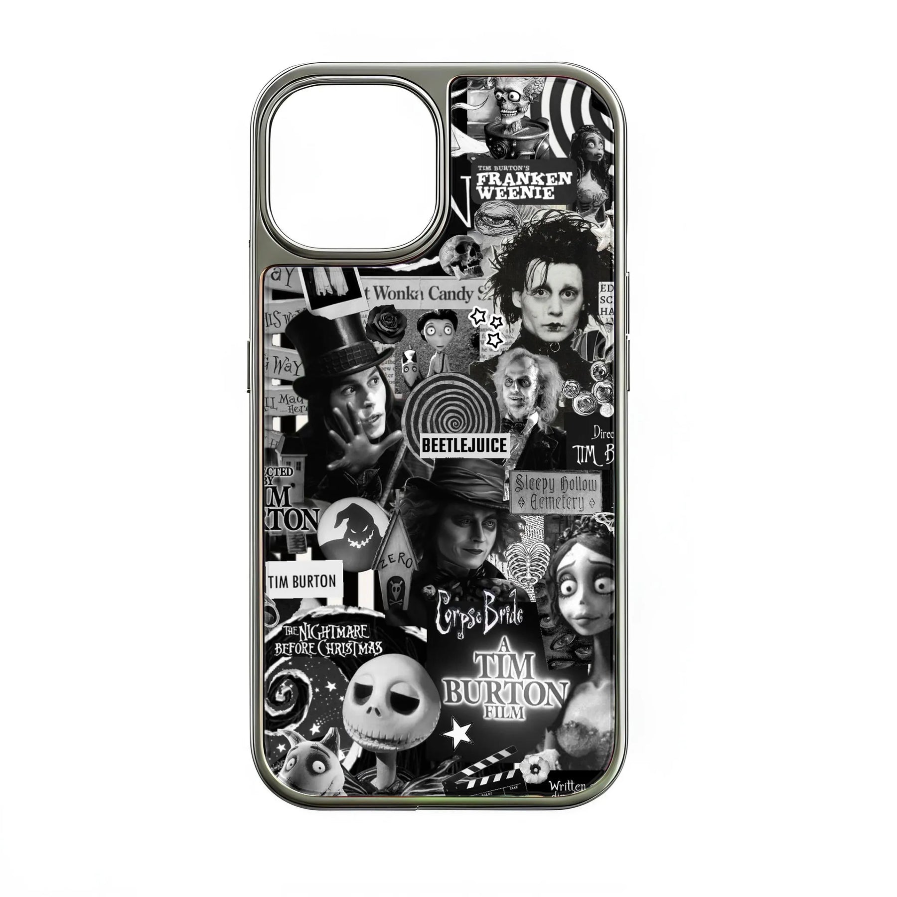 Silver phone case with black-and-white Tim Burton film collage, rear product view