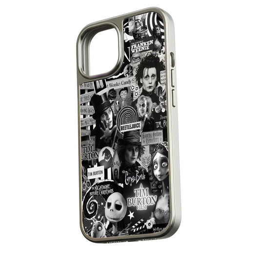 Silver phone case with black-and-white Tim Burton collage, angled rear product display