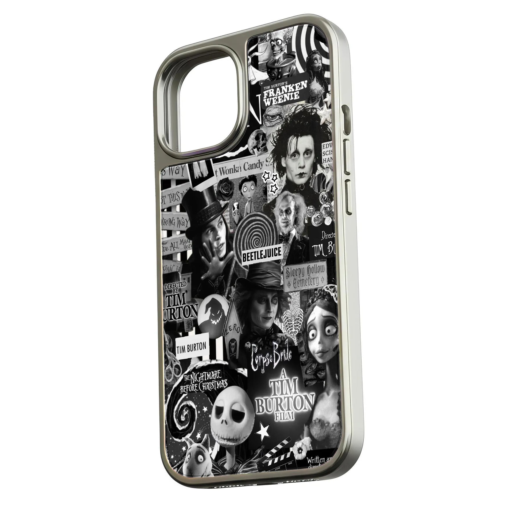 Silver phone case with black-and-white Tim Burton collage, angled rear product display