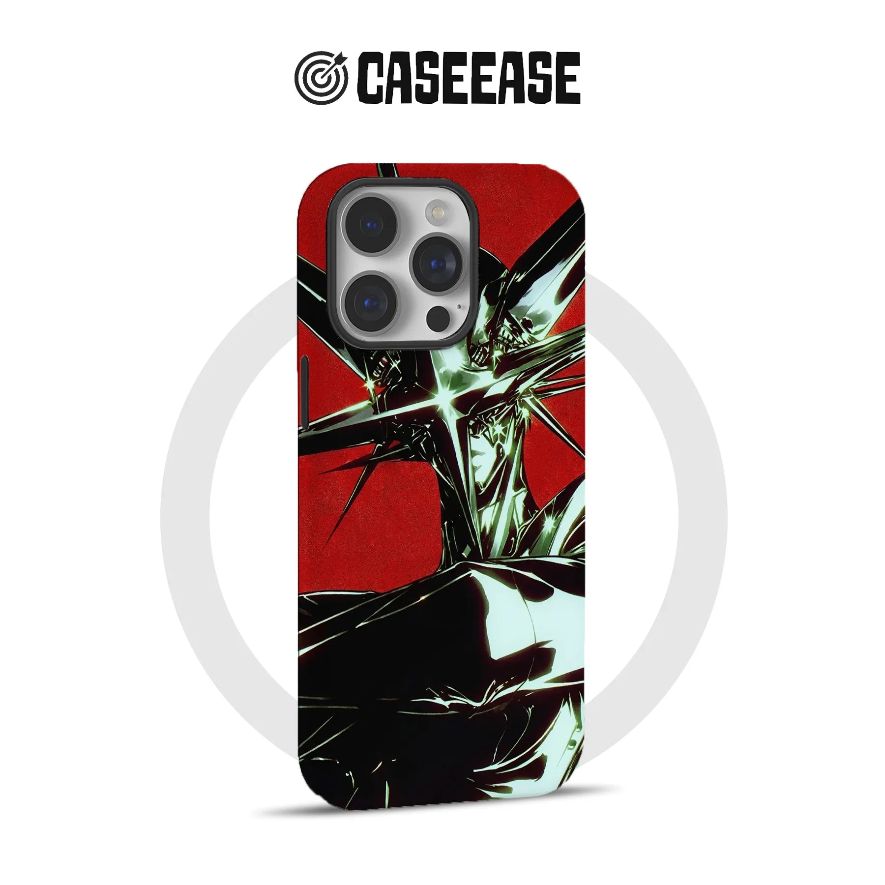 Red, black, and mint anime-style phone case, rear view, for CASEEASE product page