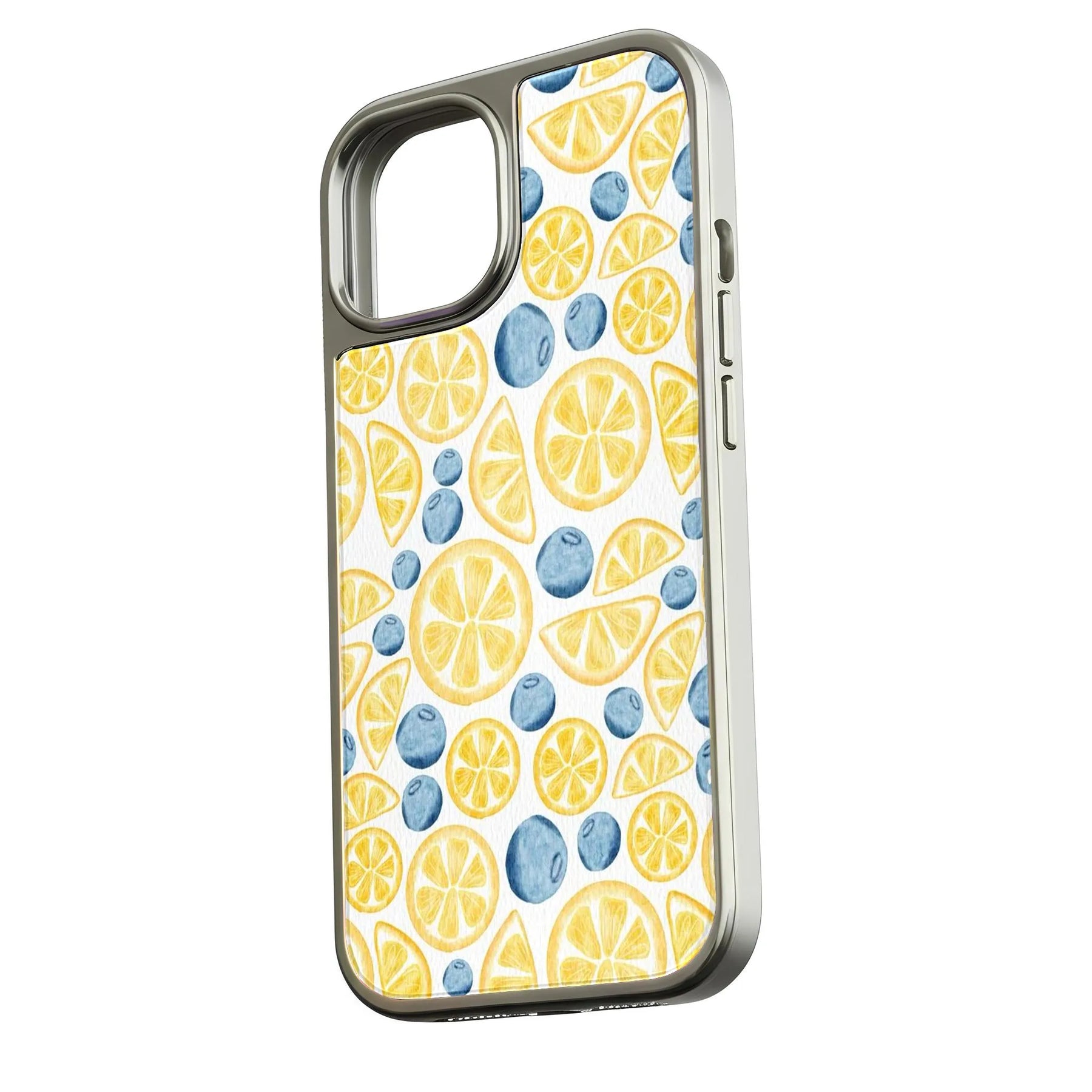 Silver phone case with watercolor lemon and blueberry pattern, angled rear product display