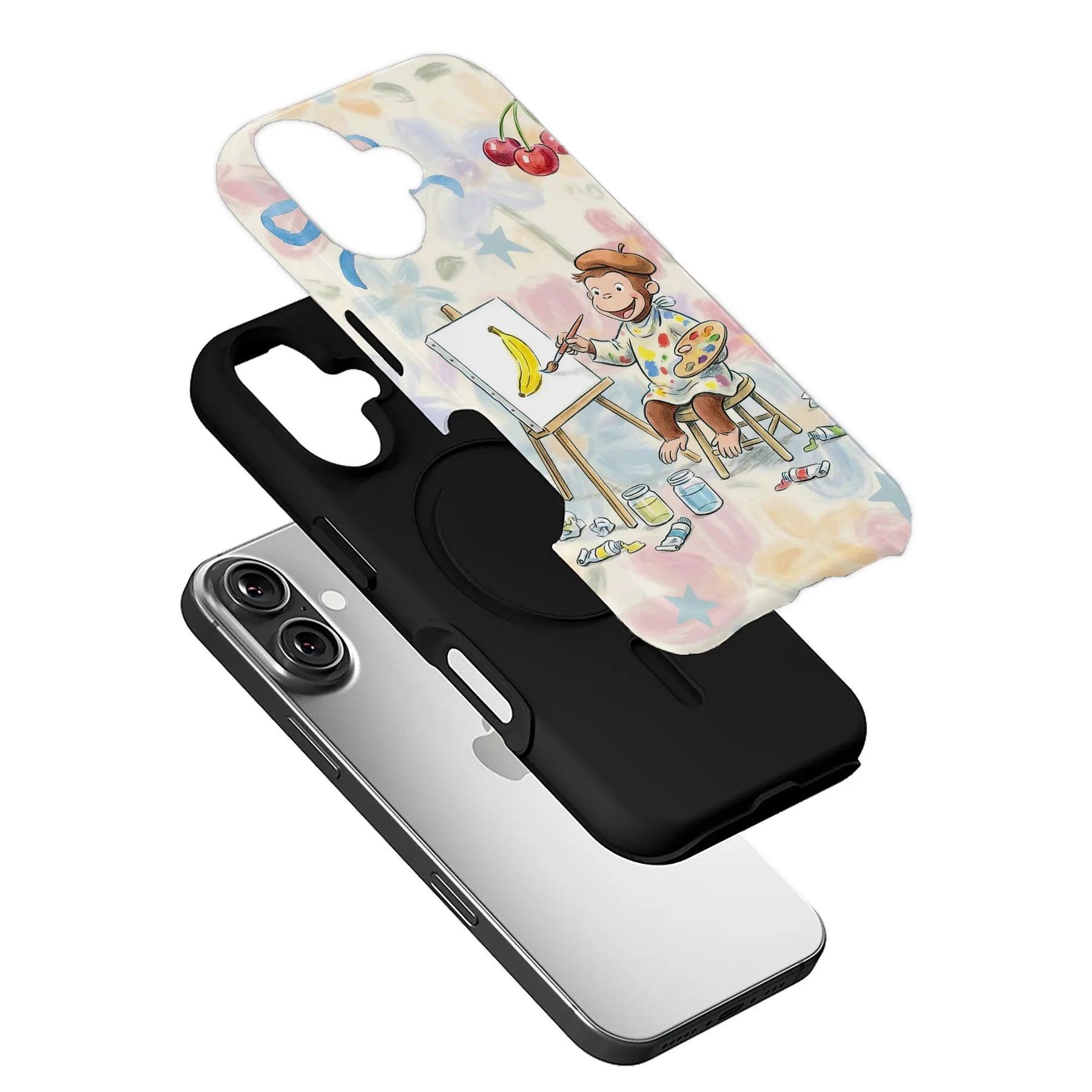 Pastel cartoon monkey painter phone case with black base, angled exploded product view