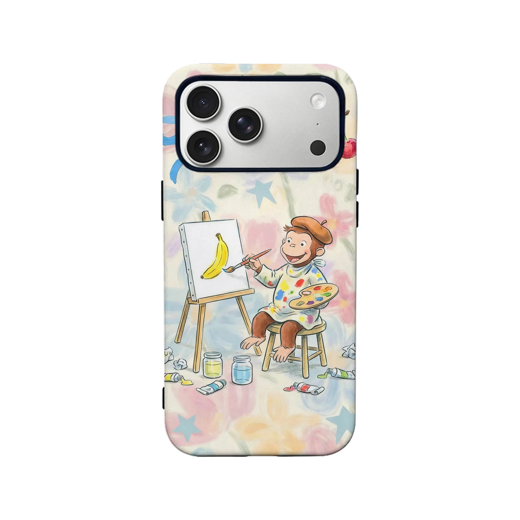 Pastel cartoon monkey painting banana phone case, rear view with camera cutout
