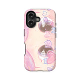 Pastel pink illustrated phone case with hearts, rear angle product display