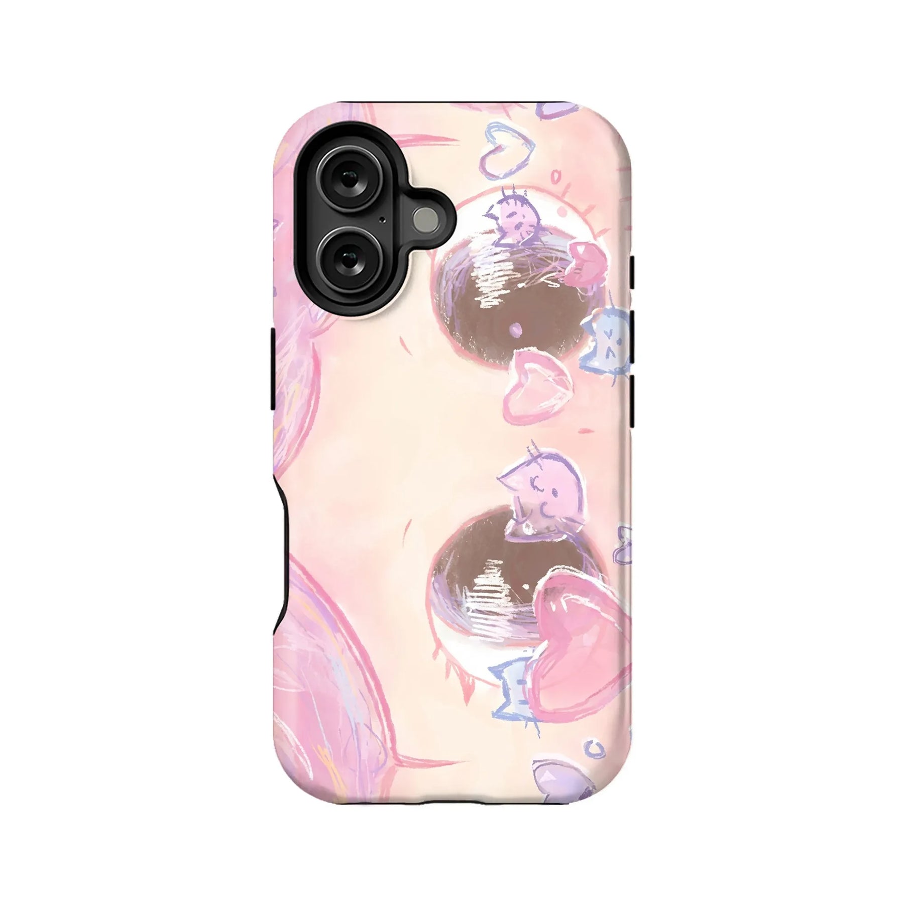 Pastel pink illustrated phone case with hearts, rear angle product display