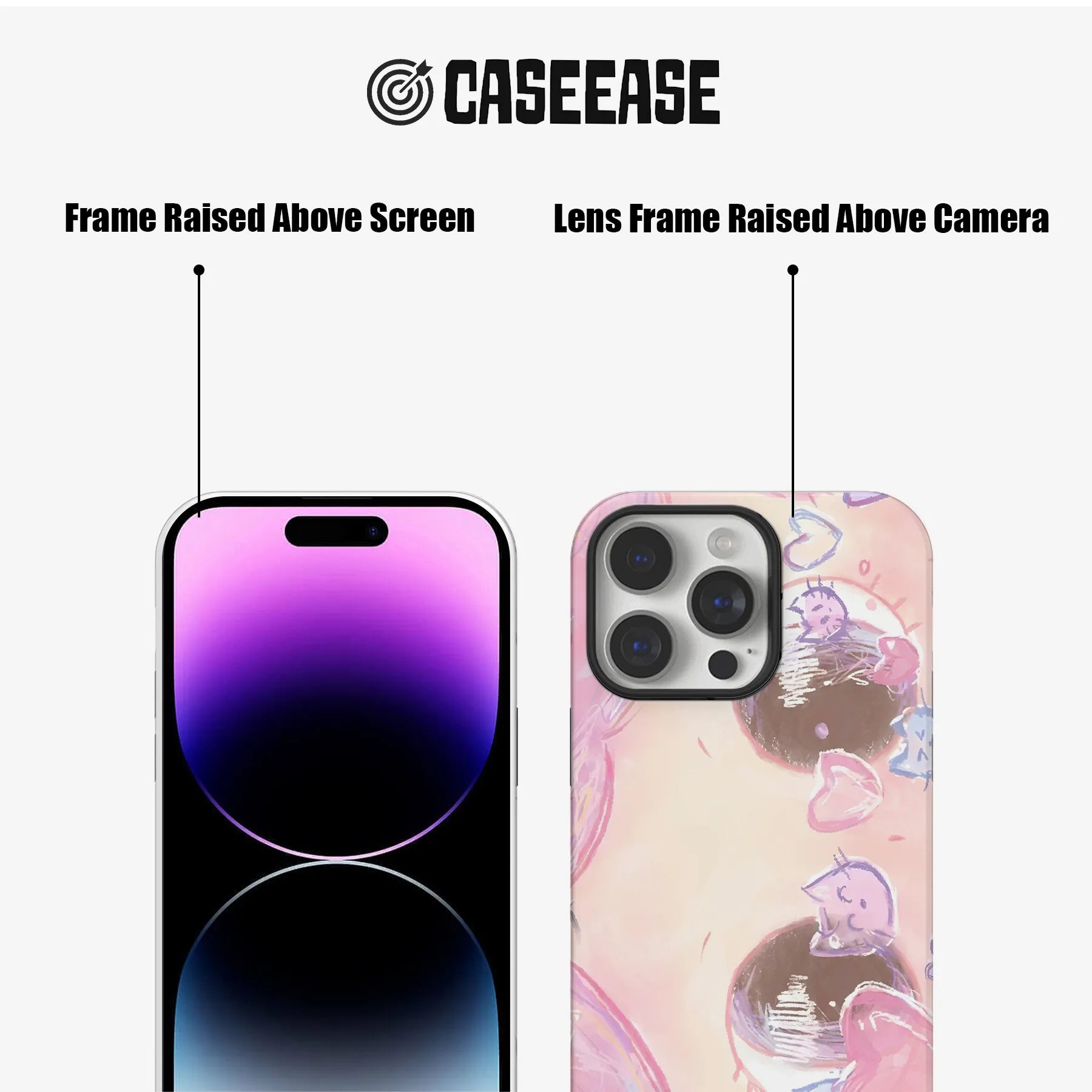 Pink illustrated phone case shown front and back with raised screen and camera frames