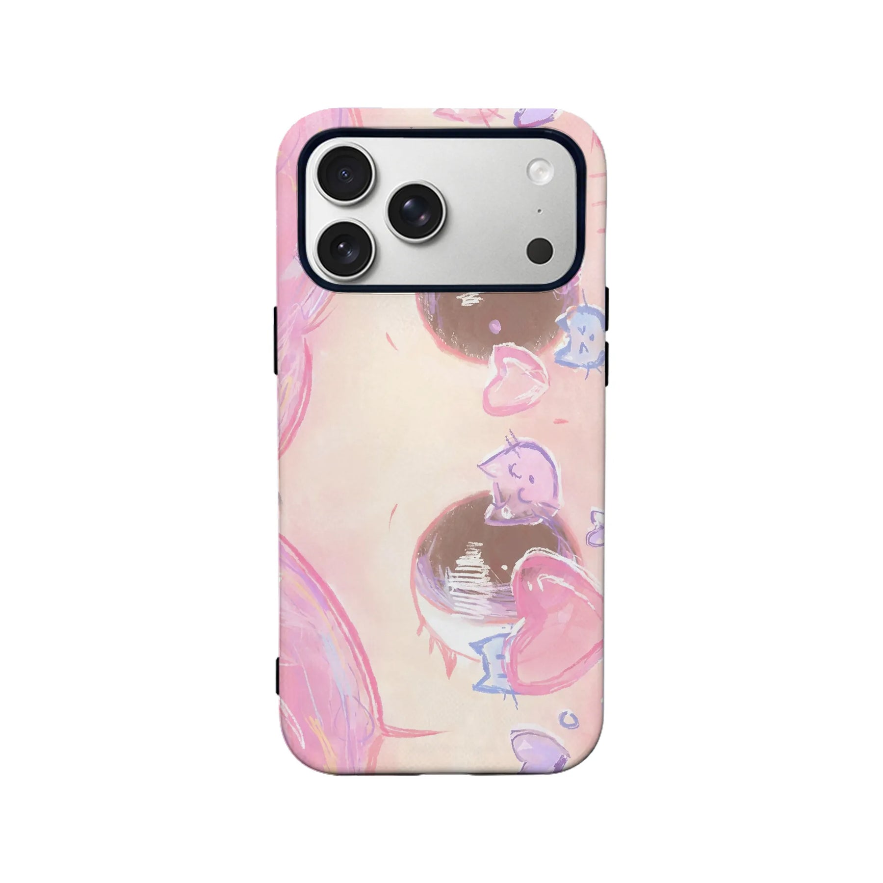 Pink pastel illustrated phone case shown from back with triple camera cutout