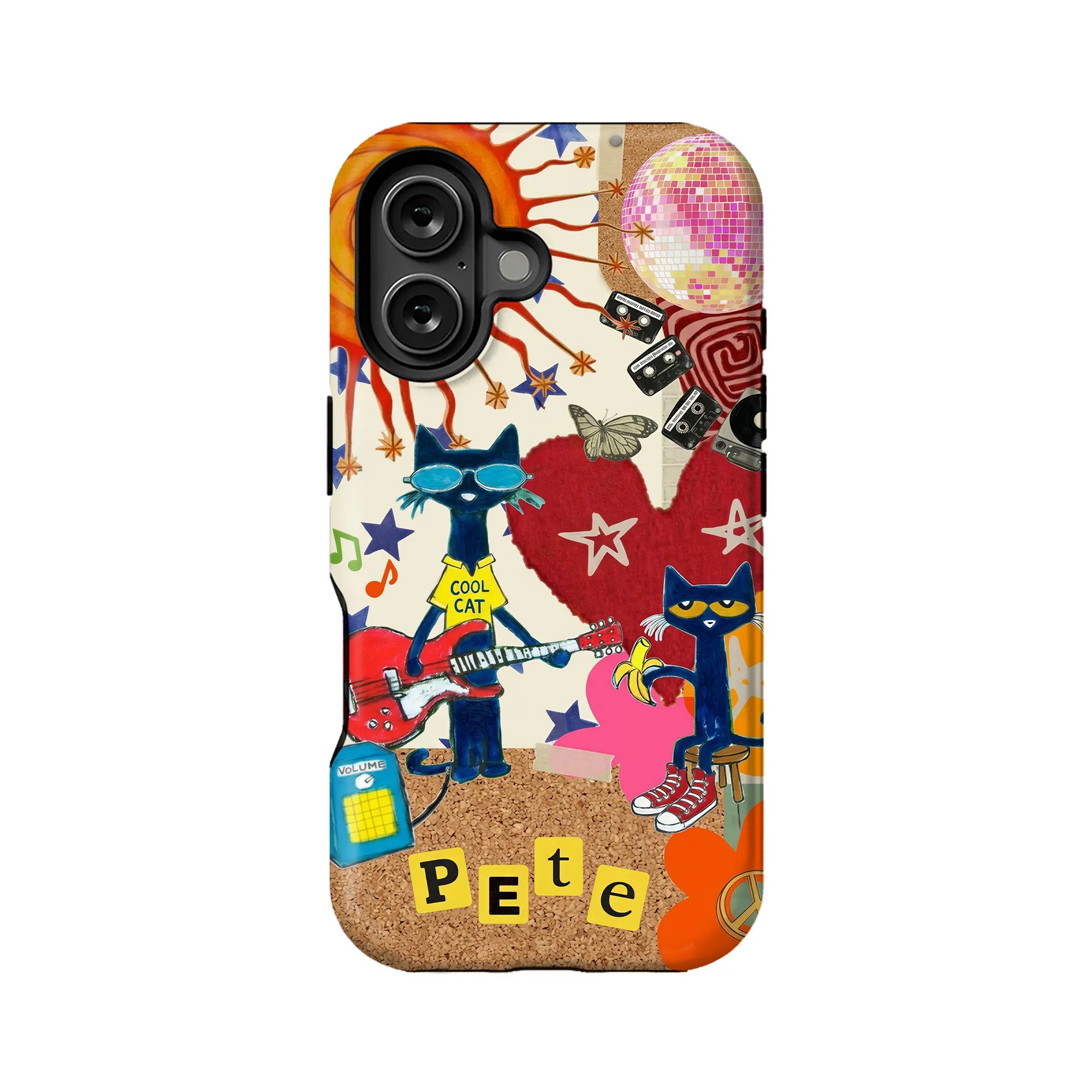 Colorful Pete the Cat collage phone case, front view with guitars and disco ball