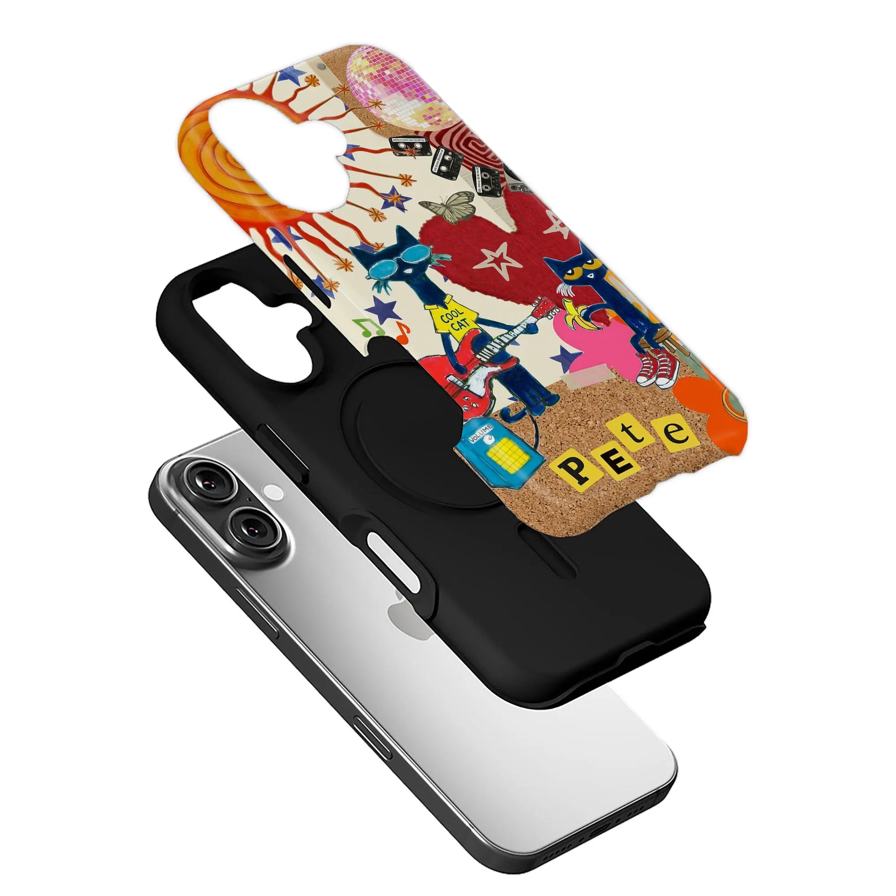 Colorful cartoon cat plastic phone case with black liner, angled above smartphone