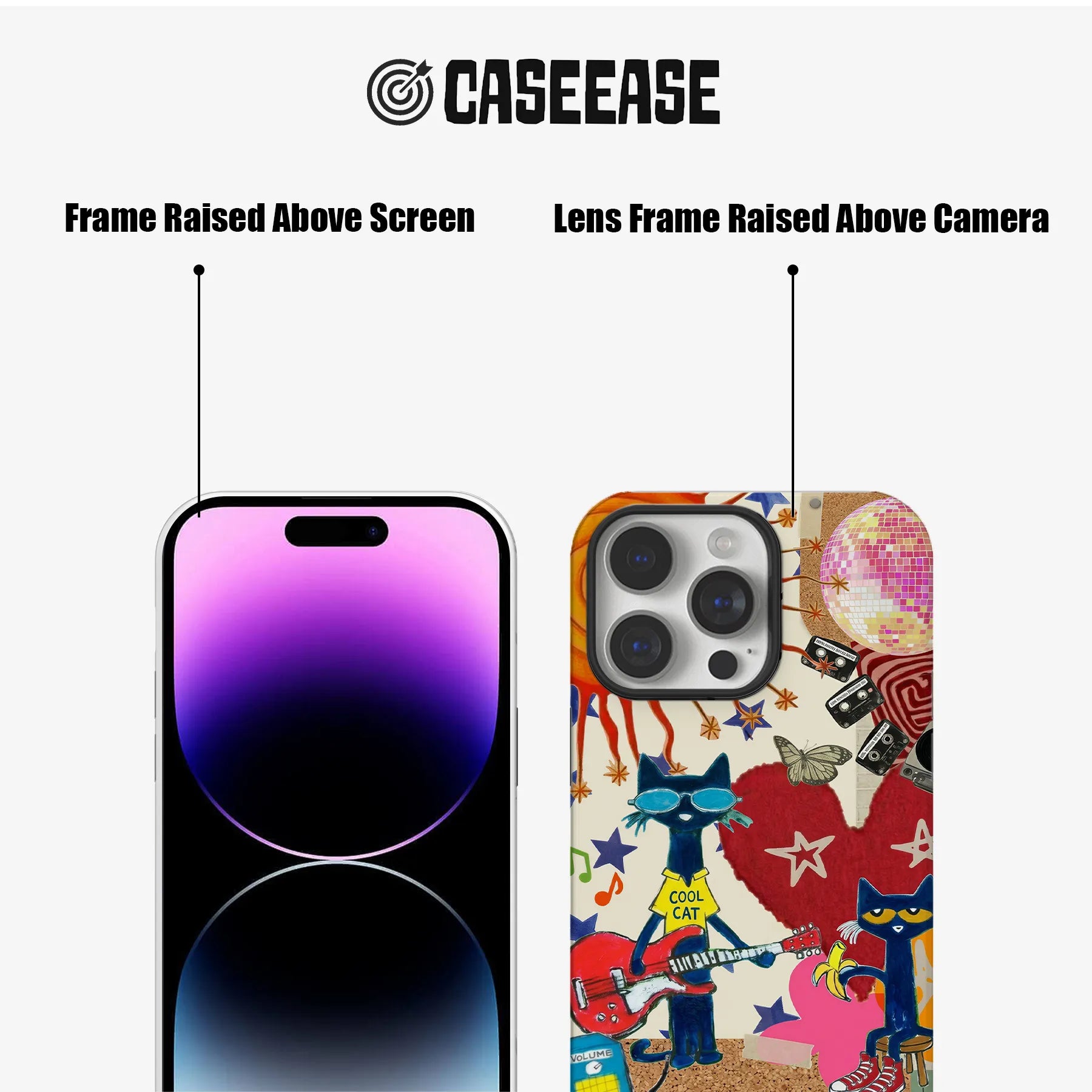 Colorful illustrated phone case shown front and back with raised black screen and camera frames