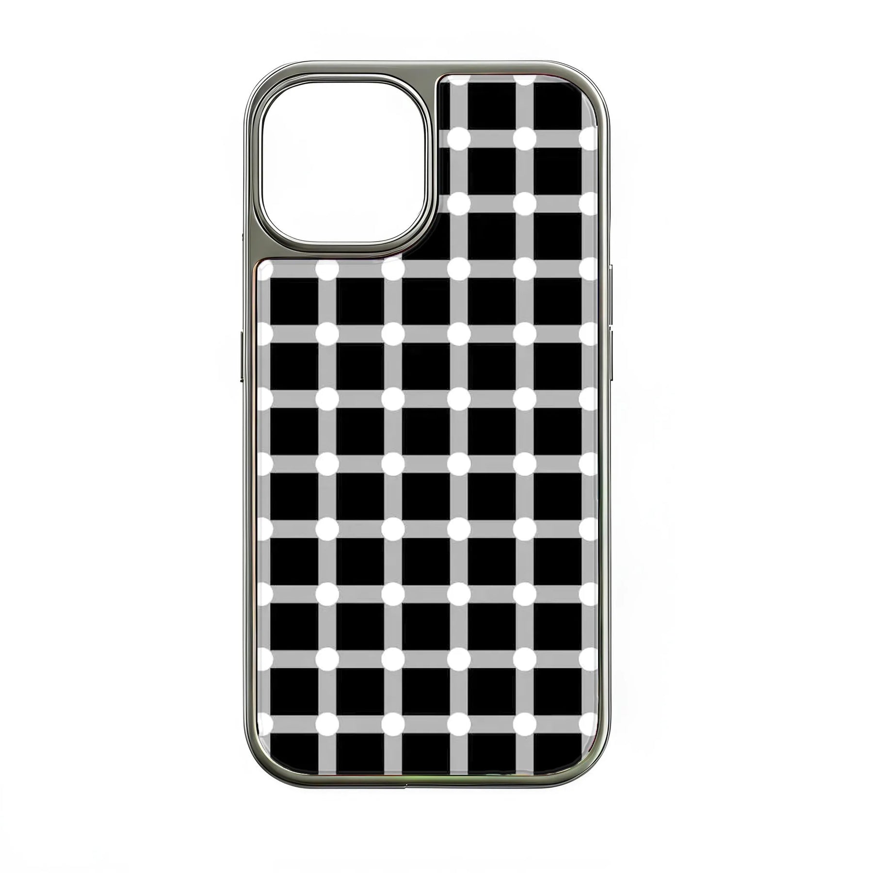 Holographic Chrome Phone Case for iPhone 14 Pro - Black and White Polka Dot Design