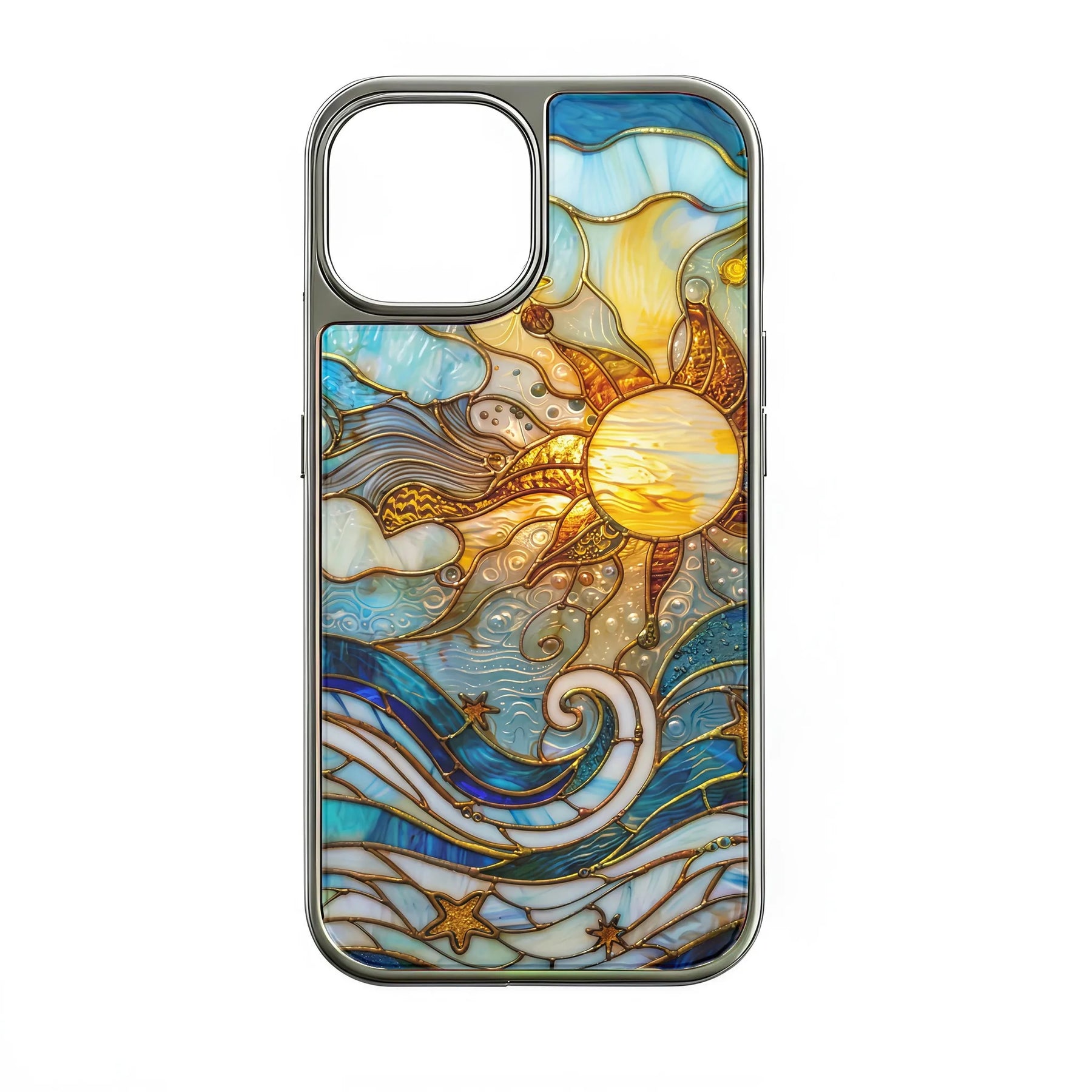 Holographic Chrome Sun & Waves Phone Case - Artistic Design (Flat Printed Design, Not 3D)