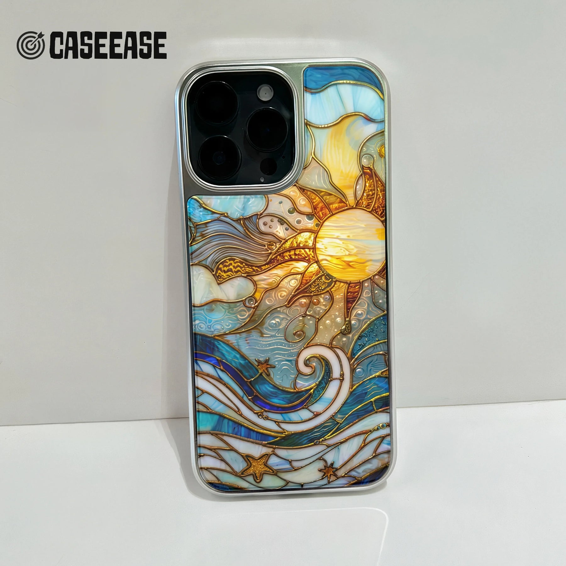 Holographic Chrome Sun & Waves Phone Case - Artistic Design (Flat Printed Design, Not 3D)