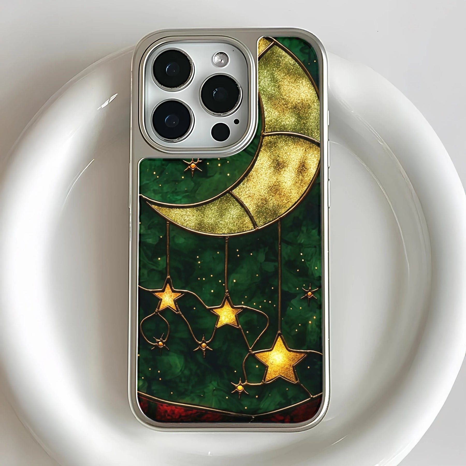 Holographic Chrome Moon & Stars Phone Case - Celestial Design (Flat Printed Design, Not 3D)