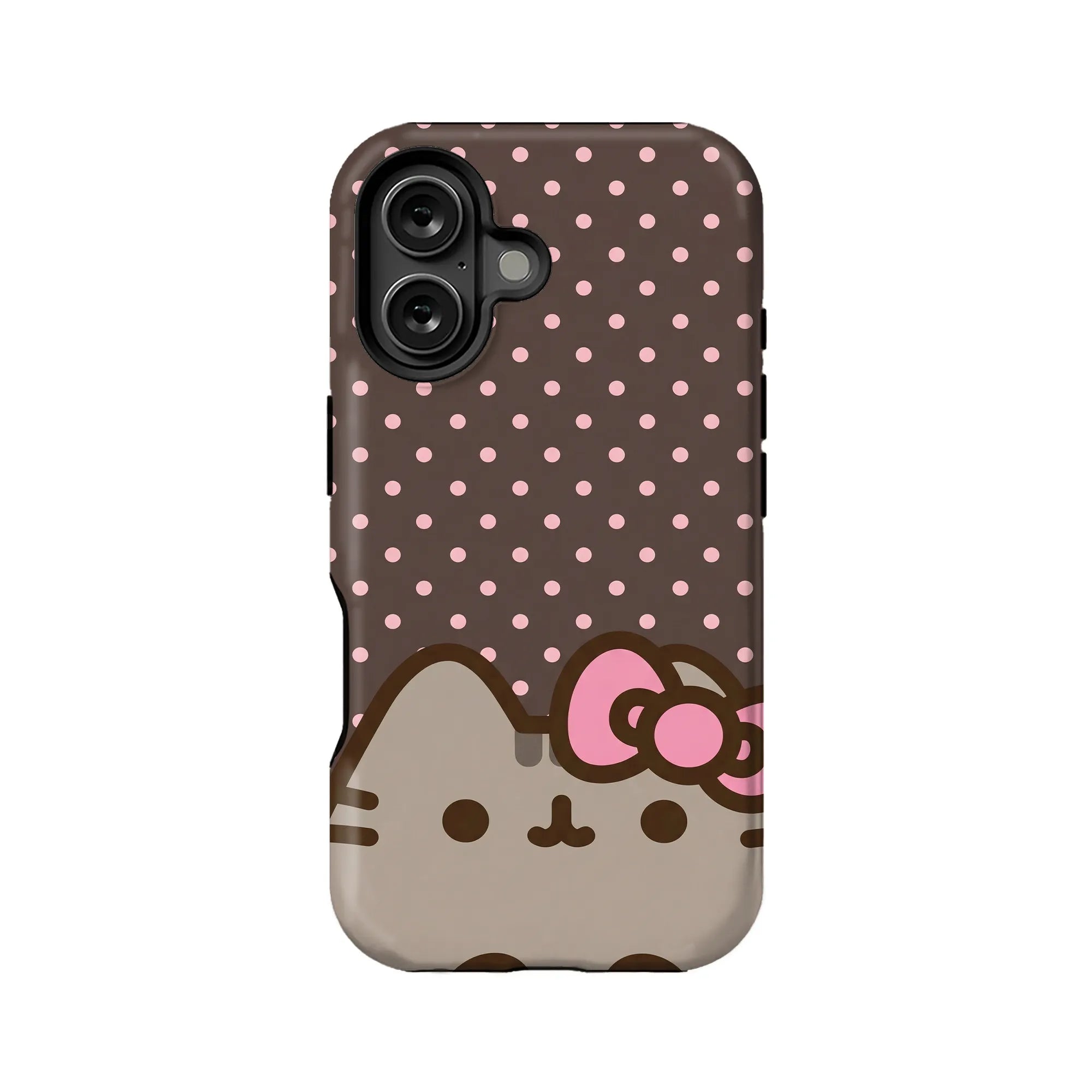 Brown polka dot cat bow phone case, rear angle for Shopify product listing
