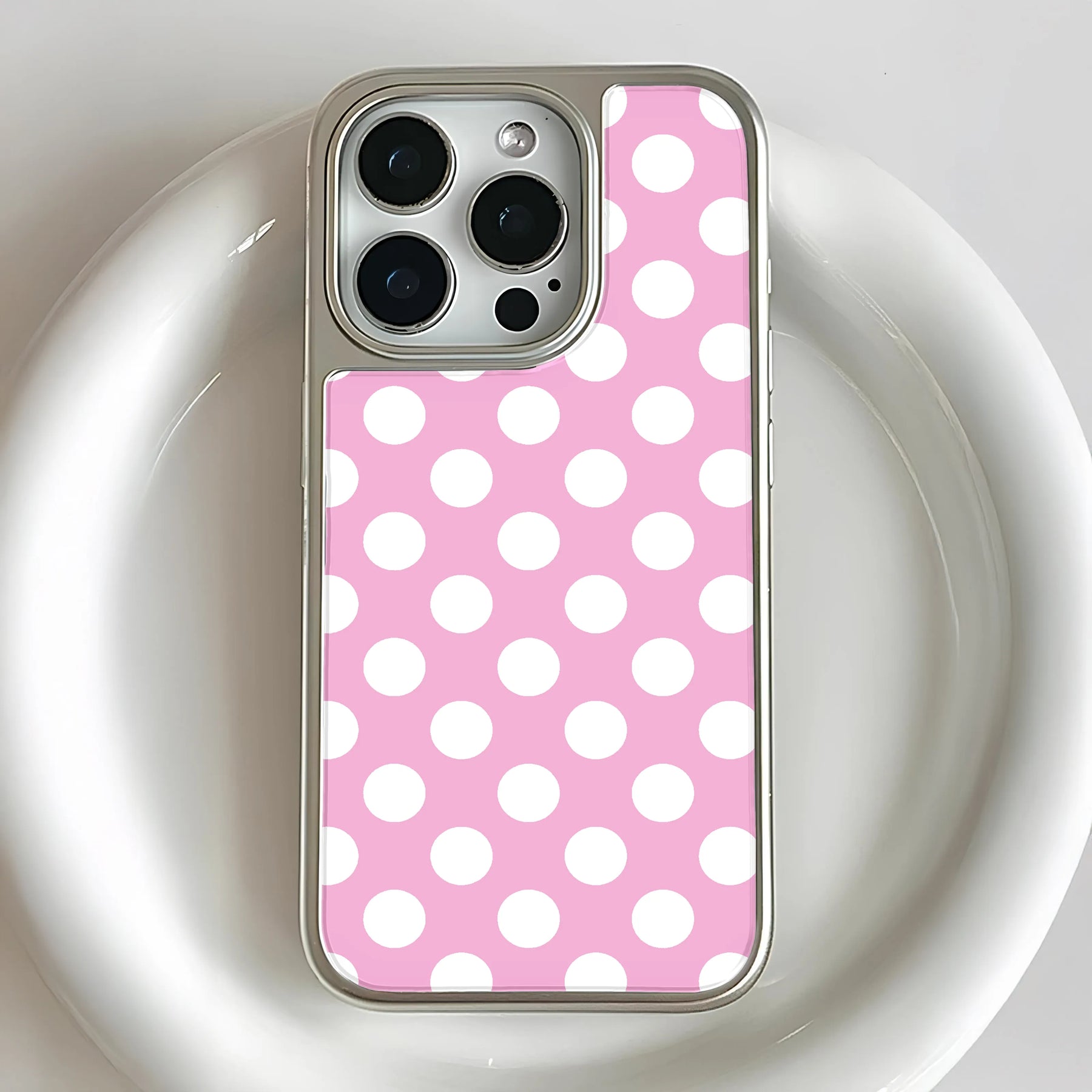 Holographic Chrome Polka Dot Phone Case - Pink & White Dots
