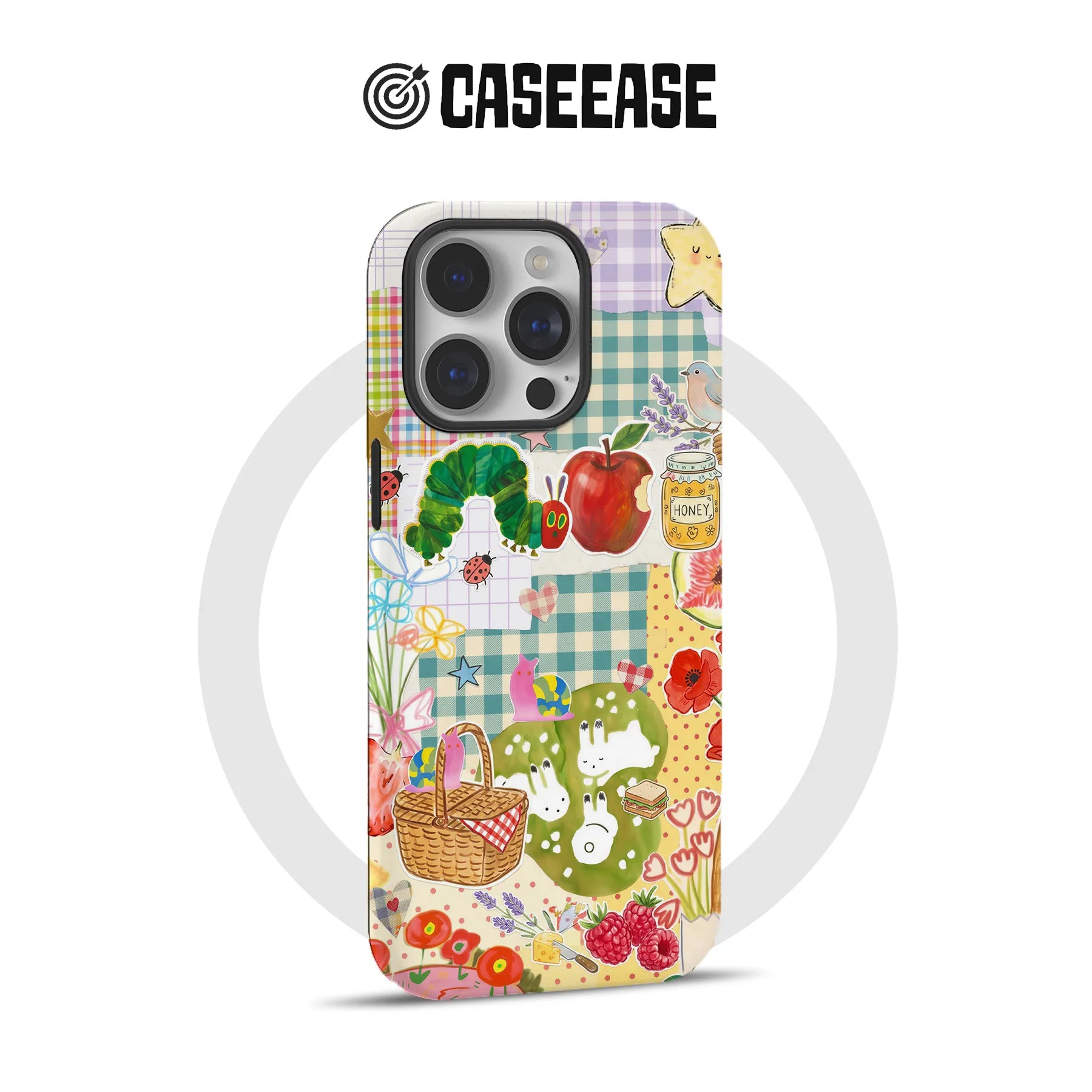 Colorful collage-style phone case shown from back with picnic and garden illustrations