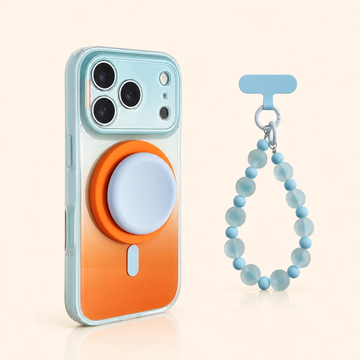 Aqua Orange gradient magnetic iPhone case with matching stand and blue beaded wrist chain